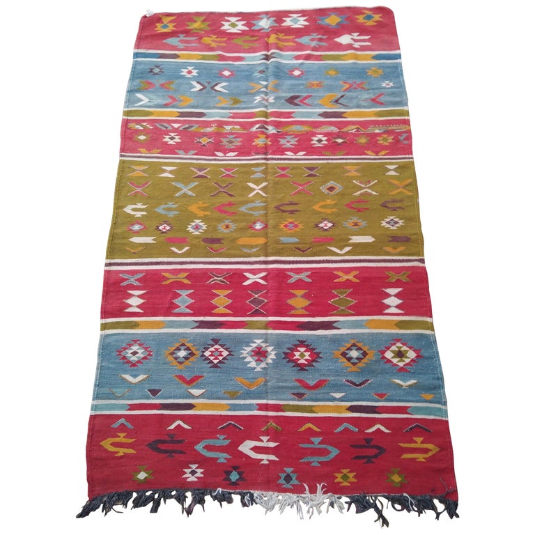 Vintage Moroccan Berber Wool Area Rug, Handwoven, Natural Red Green Blue For Sale at 1stDibs