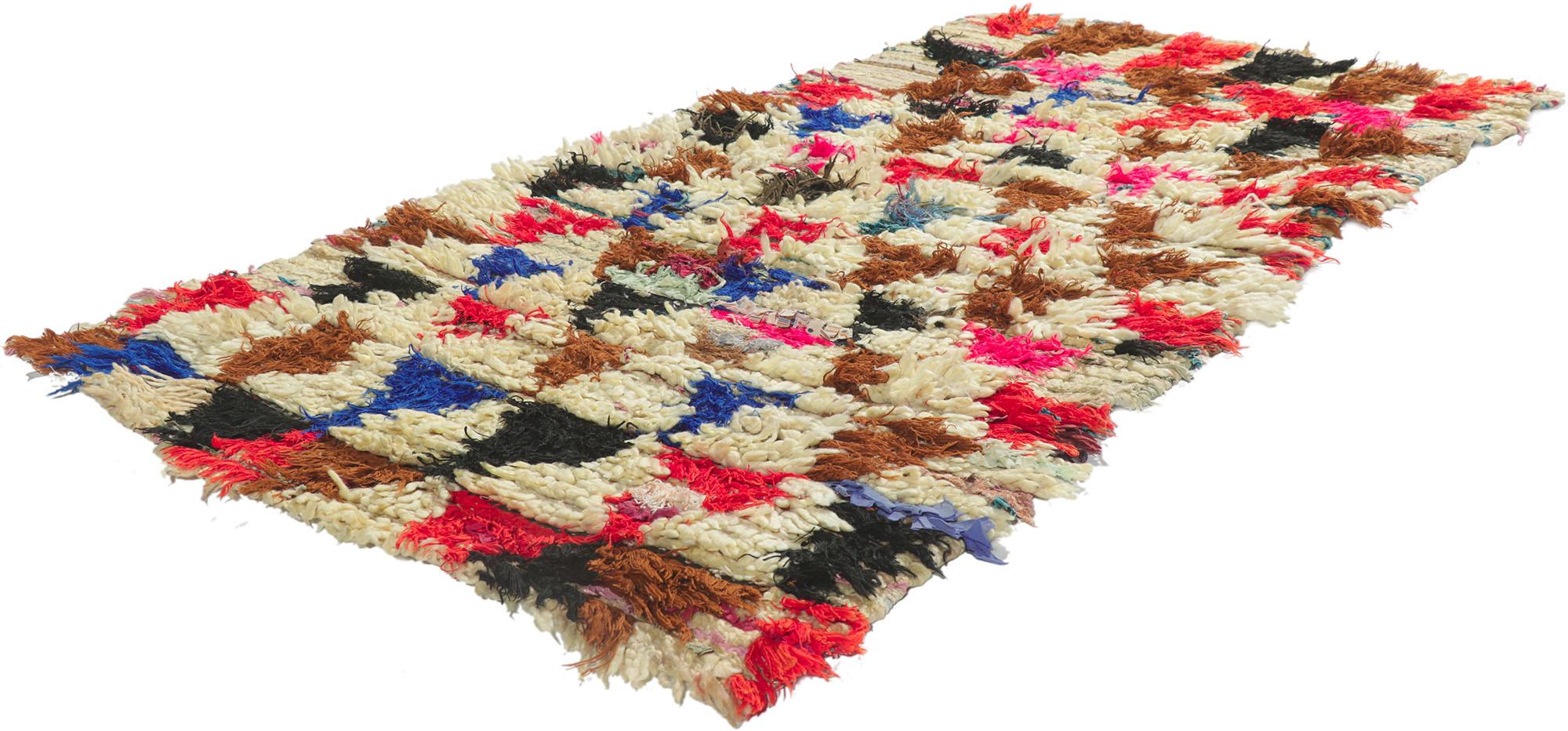 21617 Vintage Boucherouite Moroccan Rag Rug, 02'09 x 05'04.
Get ready to be spellbound by this hand knotted wool vintage Boucherouite Moroccan rag rug that's full of nomadic charm with a rugged boho chic twist. This woven beauty is a kaleidoscope of