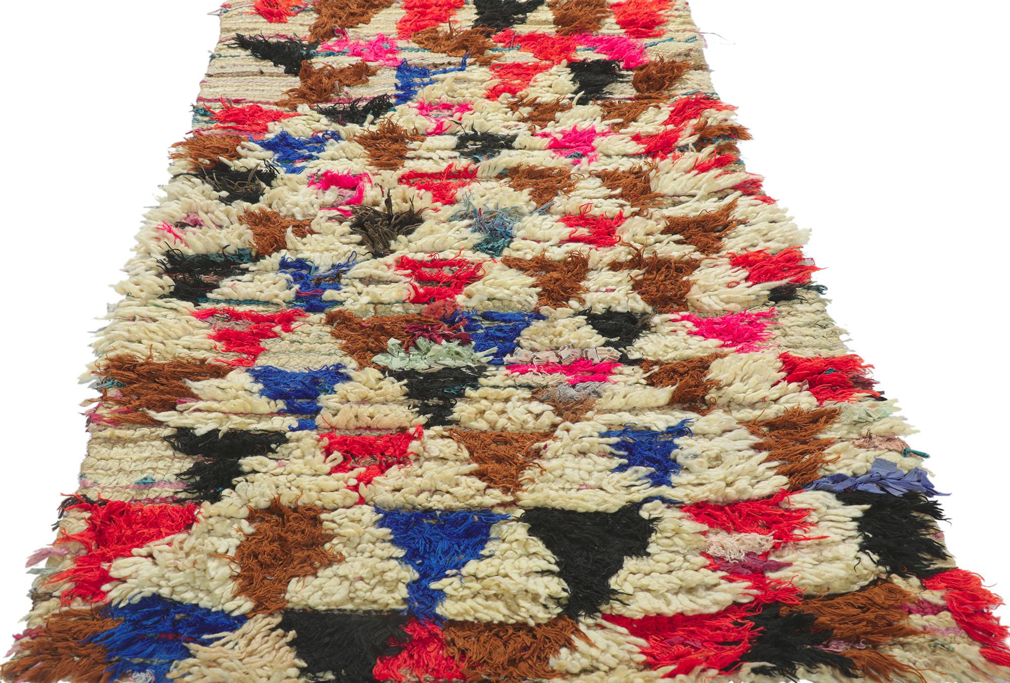 Hand-Knotted Vintage Boucherouite Moroccan Rag Rug, Cozy Boho Meets Rugged Beauty For Sale