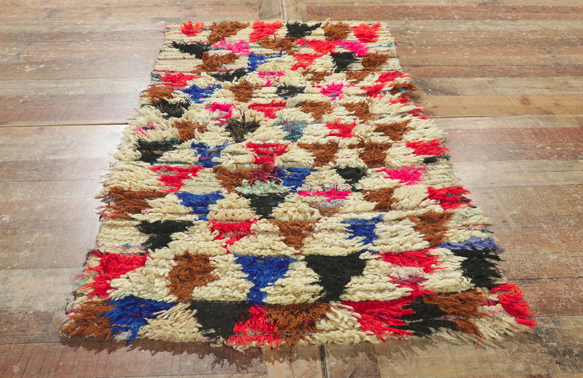 Fabric Vintage Boucherouite Moroccan Rag Rug, Cozy Boho Meets Rugged Beauty For Sale