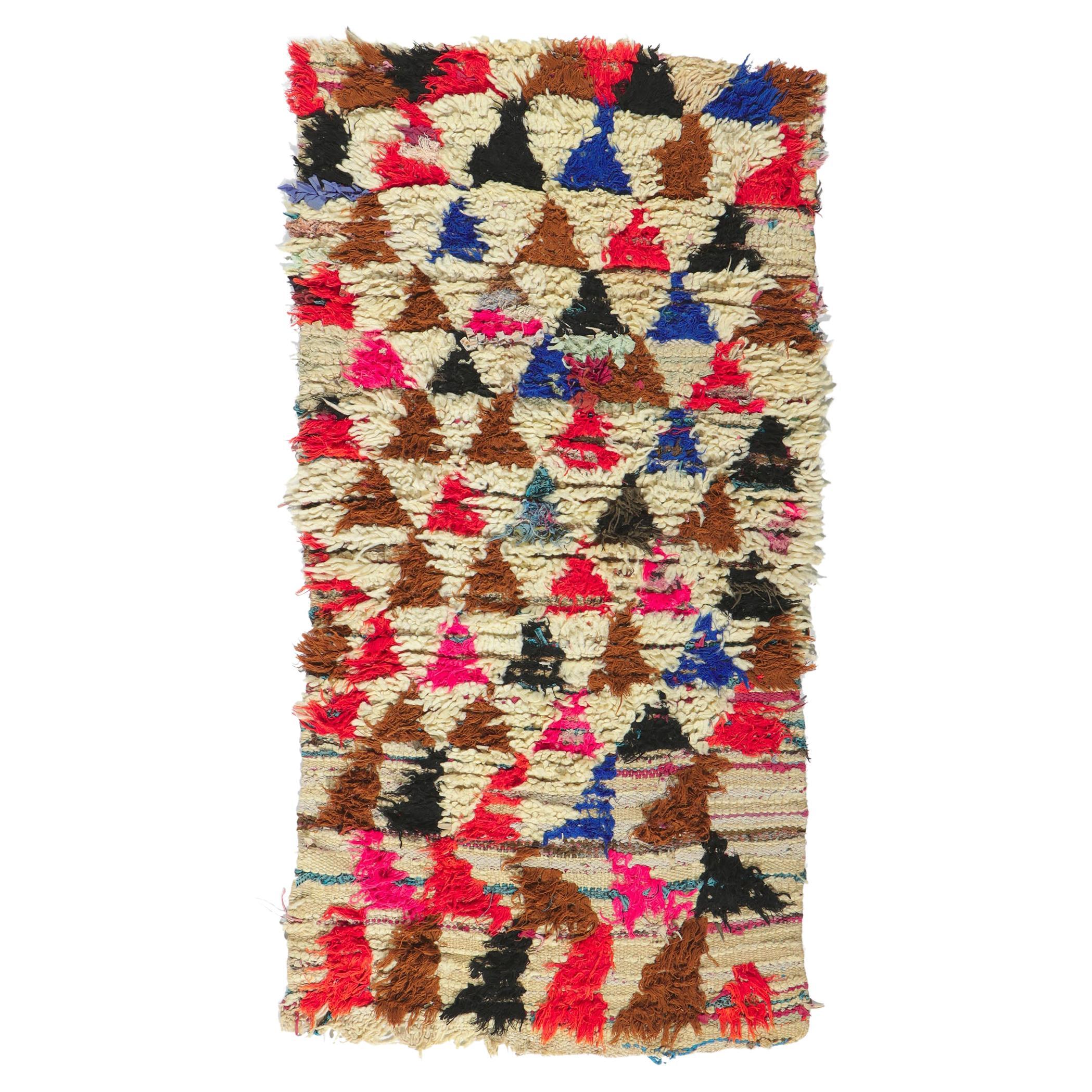 Vintage Boucherouite Moroccan Rag Rug, Cozy Boho Meets Rugged Beauty For Sale