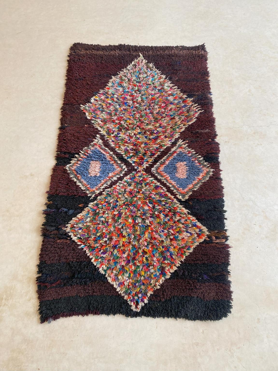 20th Century Vintage Moroccan Boucherouite rug - Brown/multicolor - 3.1x5.9feet / 96x180cm For Sale