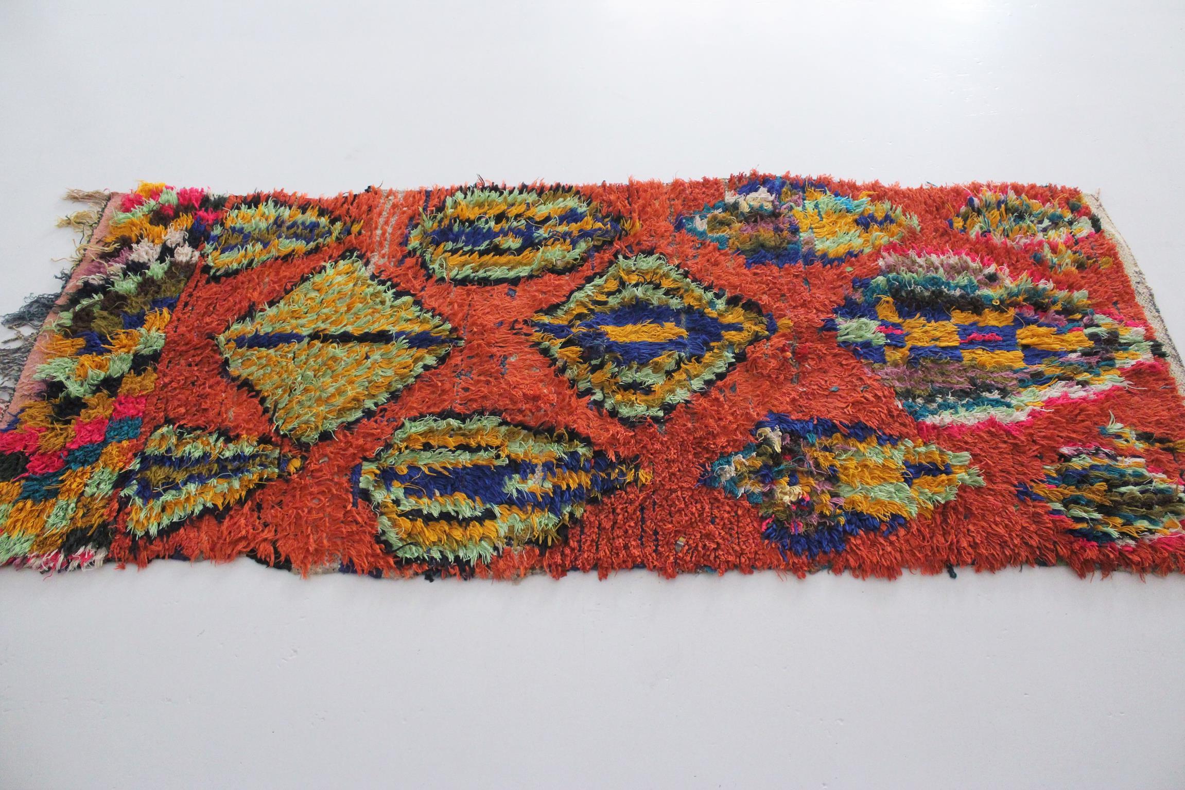 Vintage Moroccan Boucherouite rug - Orange - 3.1x7.2feet / 95x220cm For Sale 3