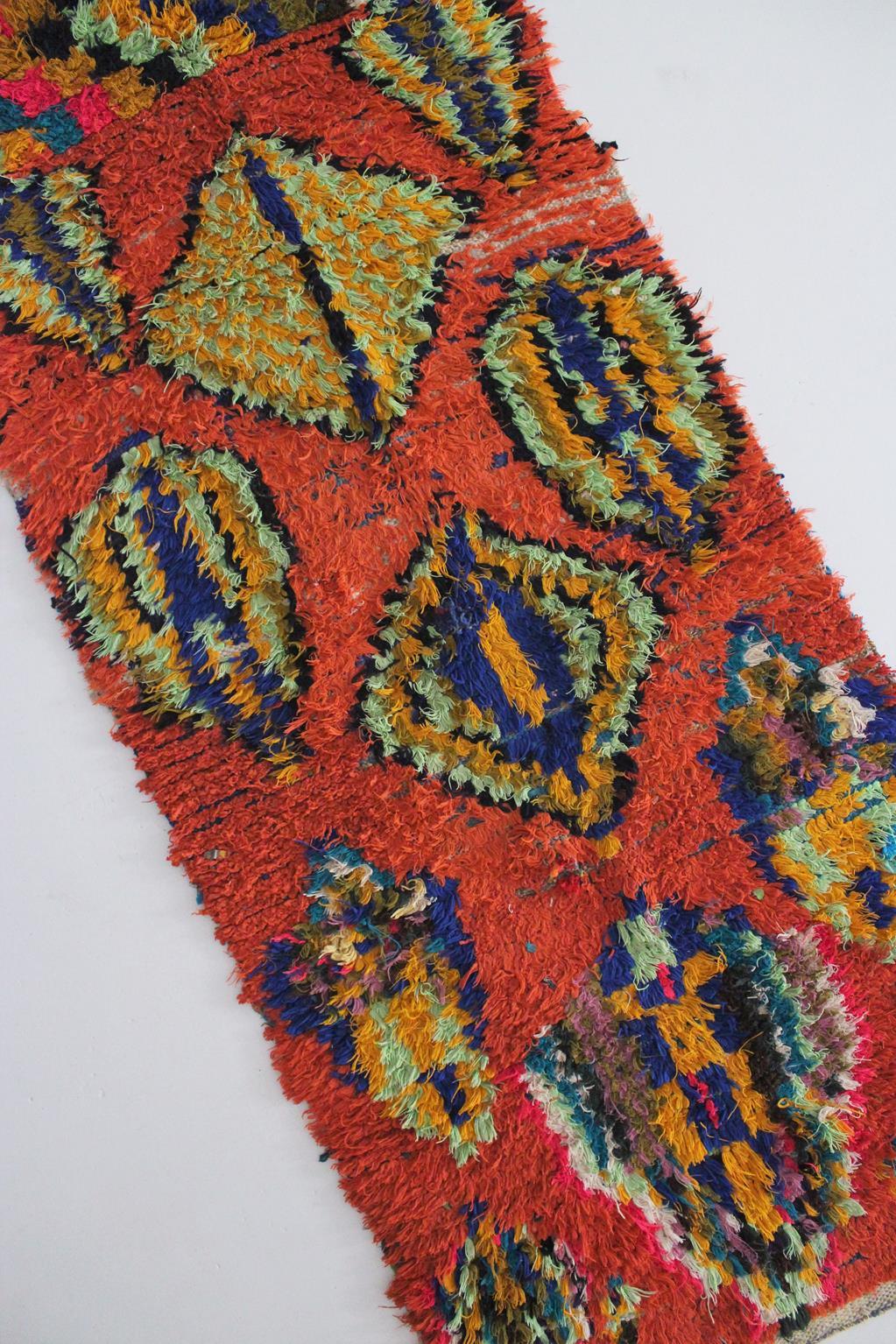 Vintage Moroccan Boucherouite rug - Orange - 3.1x7.2feet / 95x220cm For Sale 6