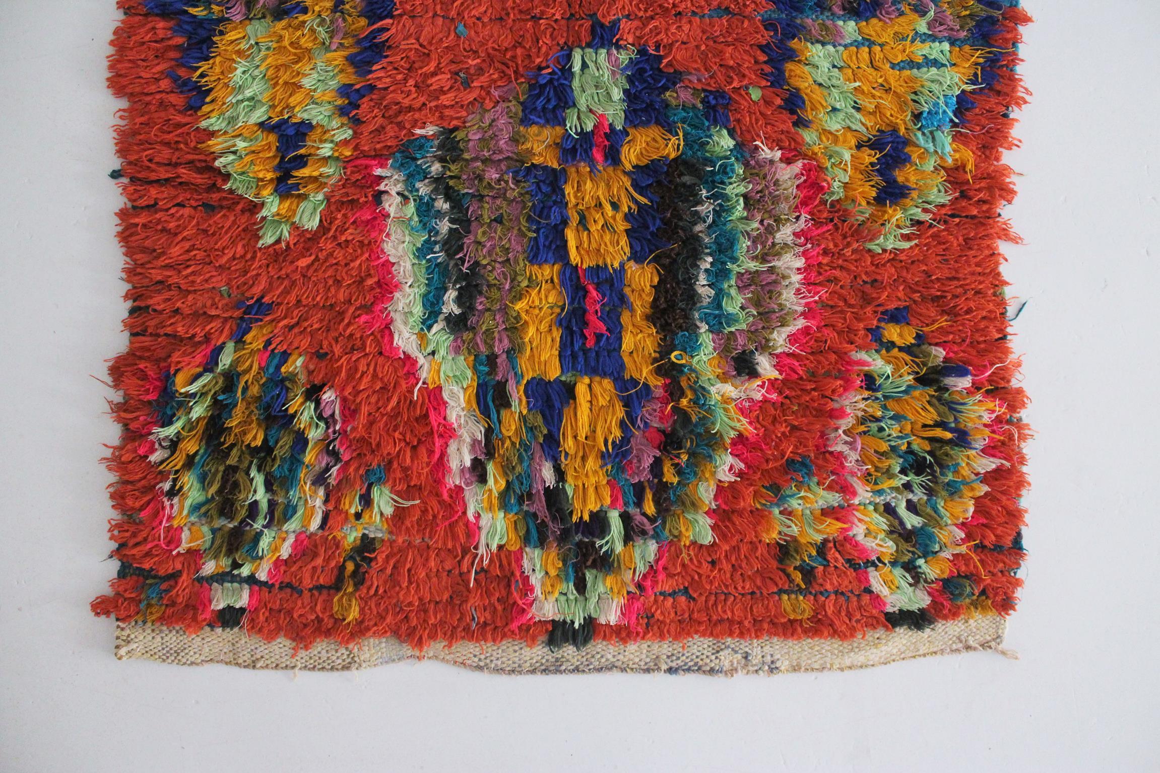 Tribal Vintage Moroccan Boucherouite rug - Orange - 3.1x7.2feet / 95x220cm For Sale