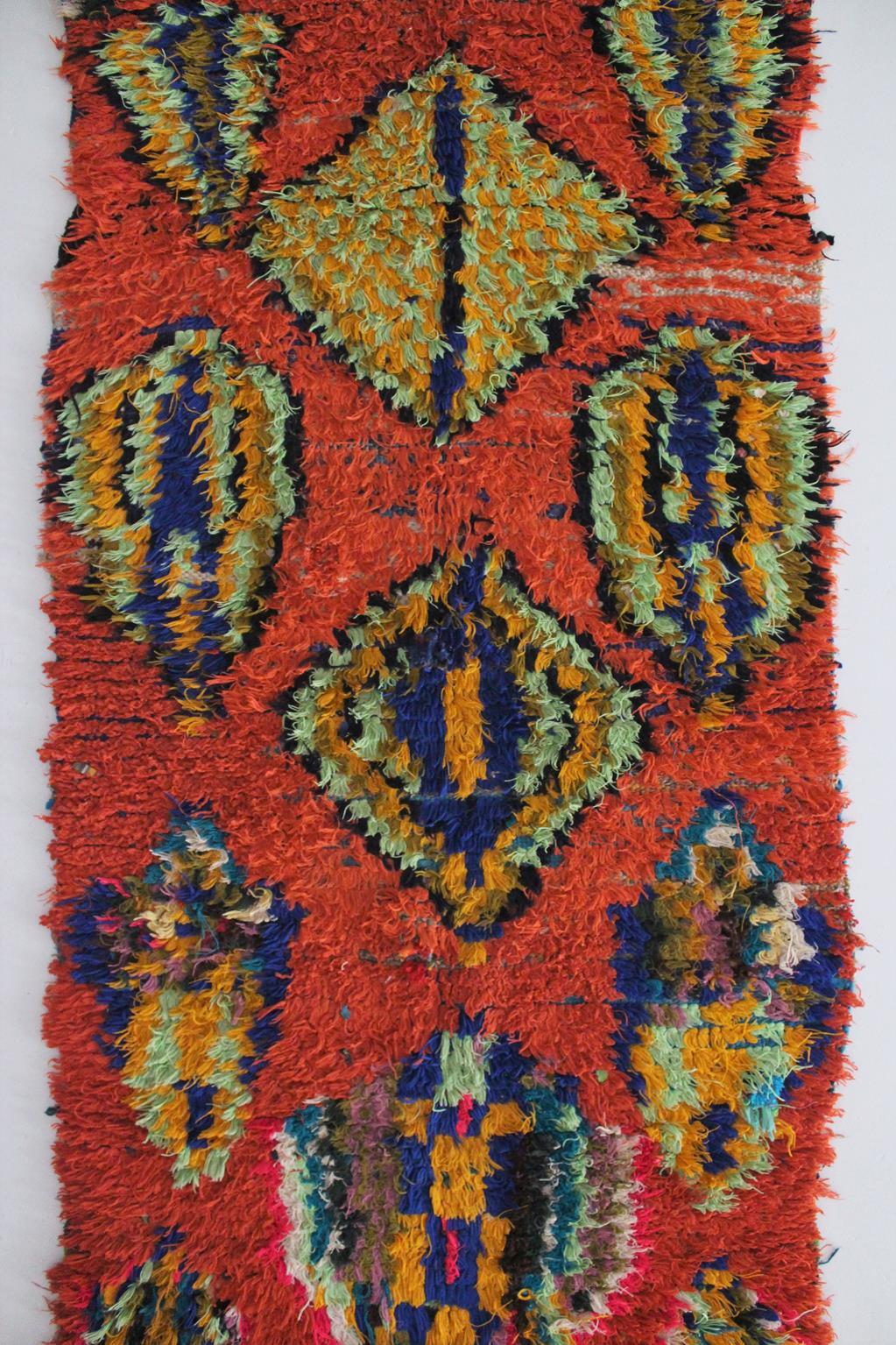 Hand-Woven Vintage Moroccan Boucherouite rug - Orange - 3.1x7.2feet / 95x220cm For Sale