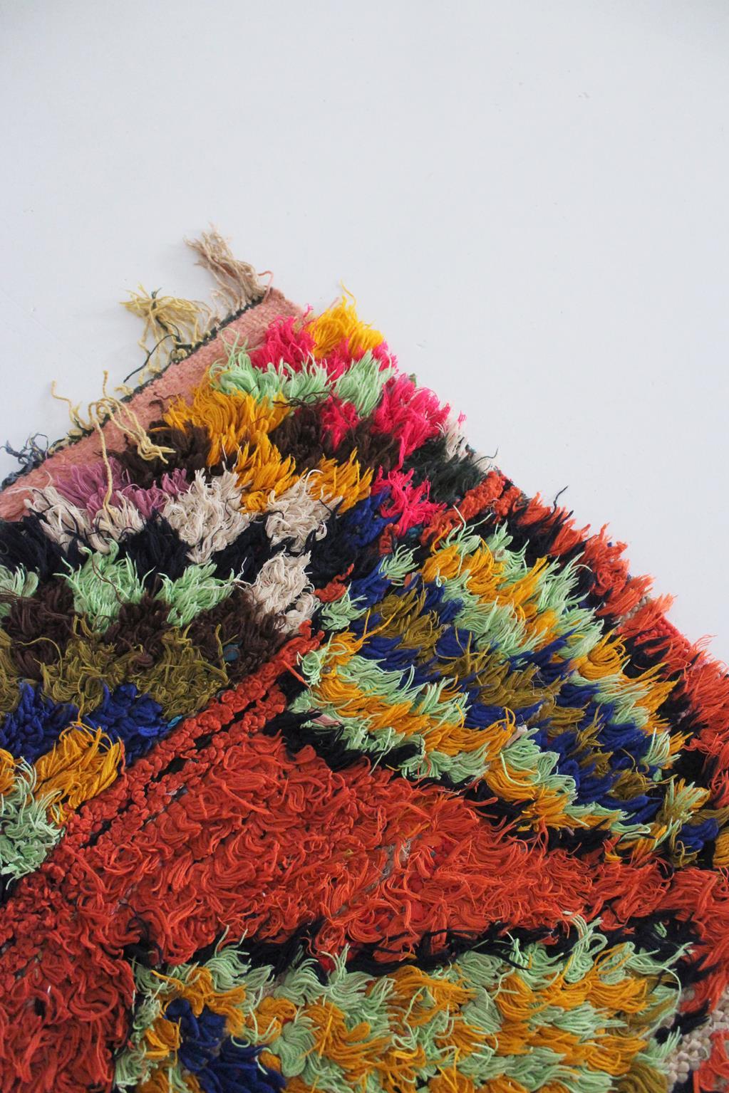 Wool Vintage Moroccan Boucherouite rug - Orange - 3.1x7.2feet / 95x220cm For Sale