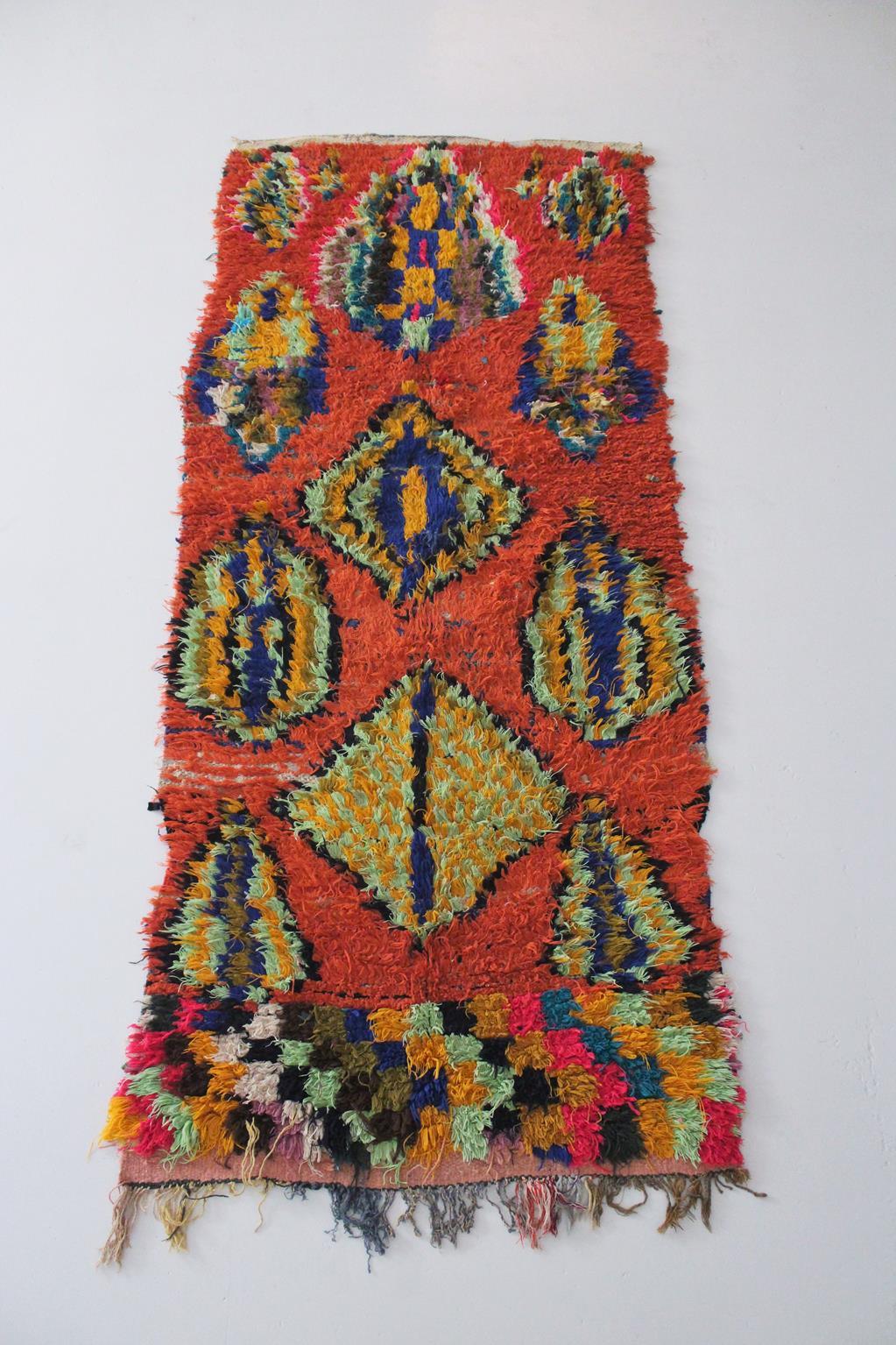 Vintage Moroccan Boucherouite rug - Orange - 3.1x7.2feet / 95x220cm For Sale 1