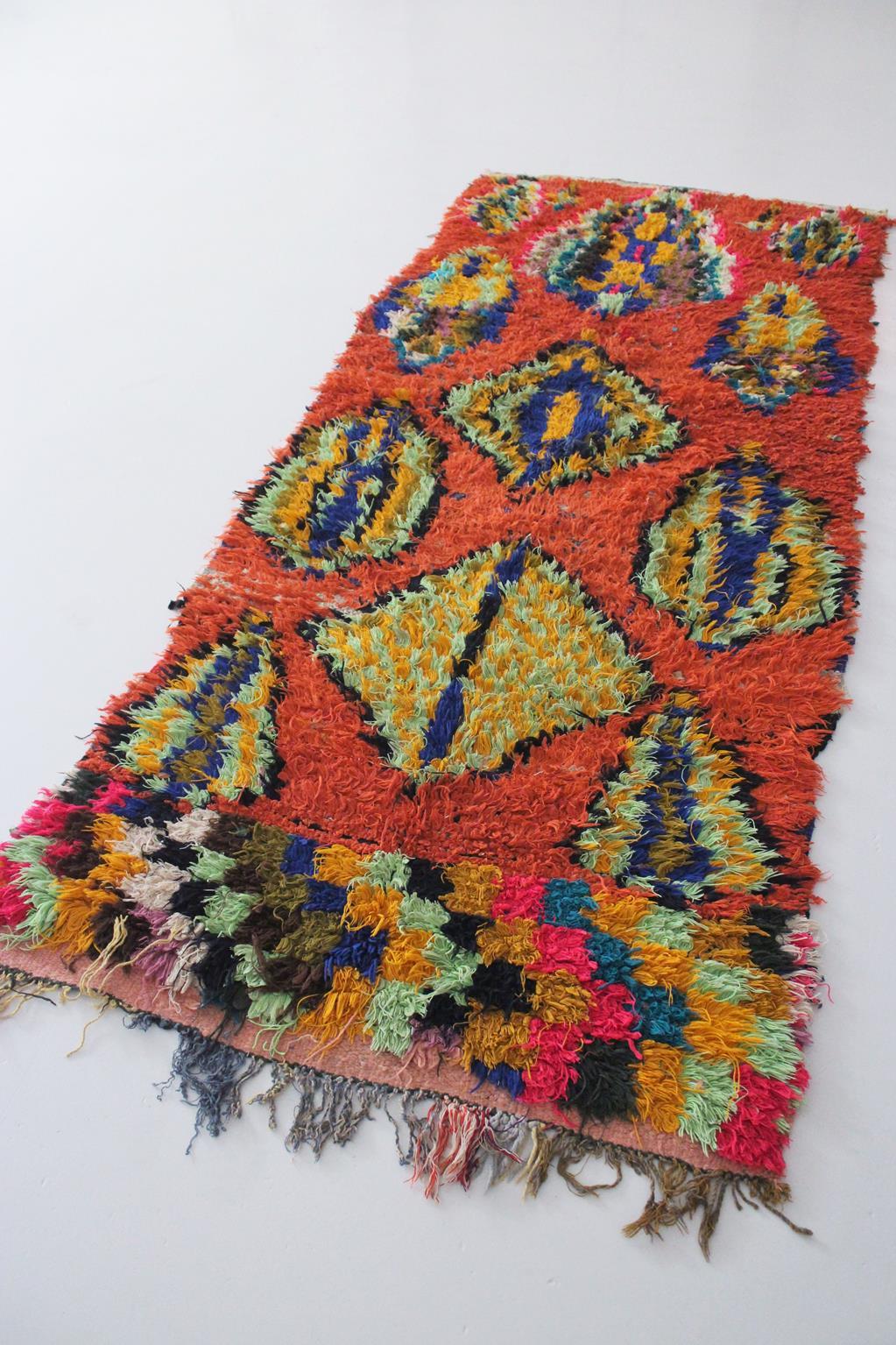 Vintage Moroccan Boucherouite rug - Orange - 3.1x7.2feet / 95x220cm For Sale 2