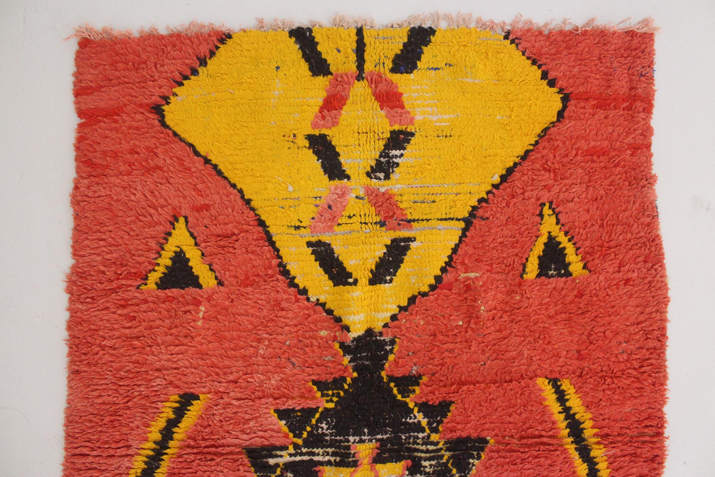Vintage Moroccan Boucherouite rug- Orange/black/yellow - 3.6x8.8feet / 110x268cm For Sale 3