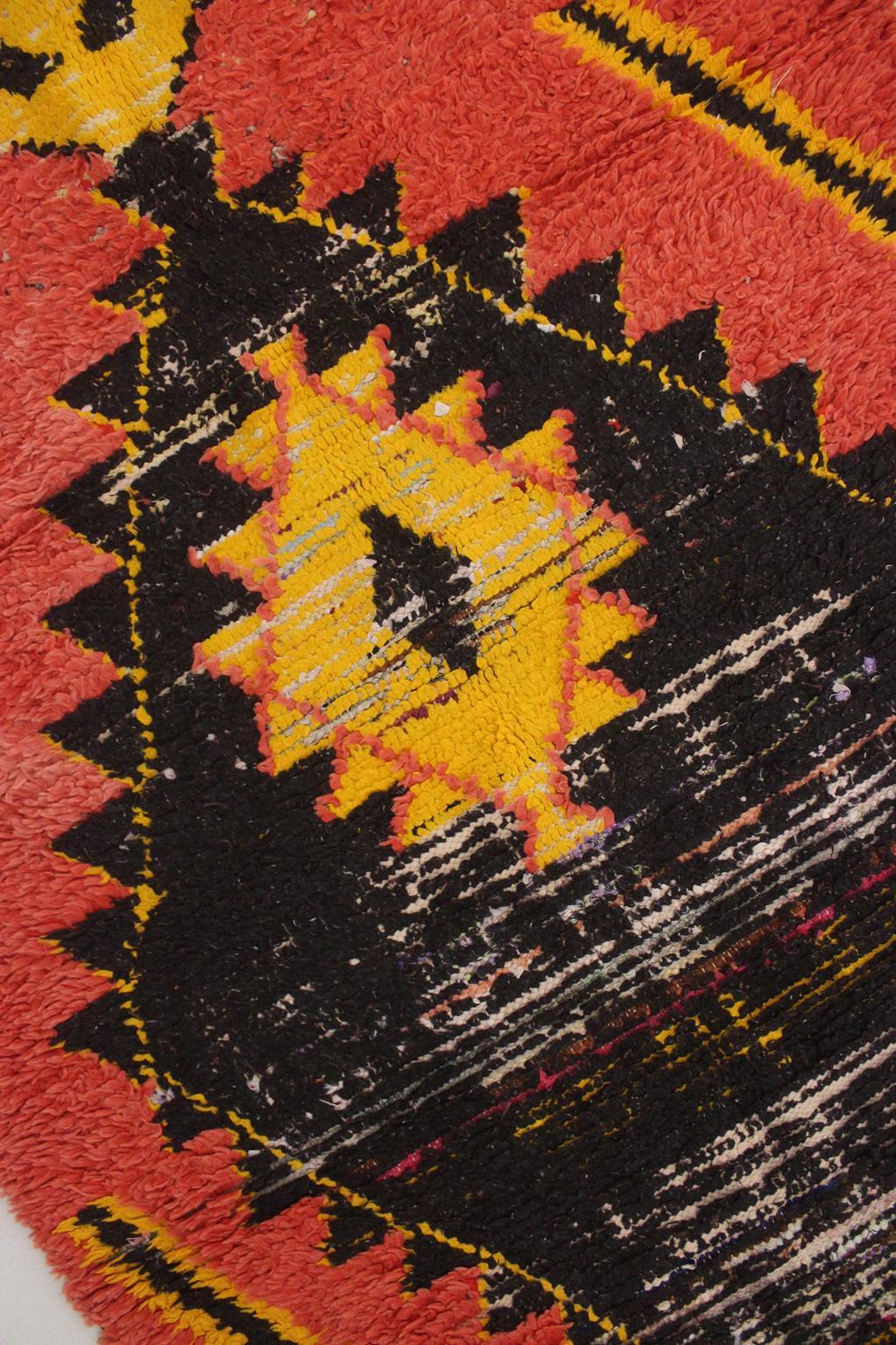 Vintage Moroccan Boucherouite rug- Orange/black/yellow - 3.6x8.8feet / 110x268cm For Sale 4