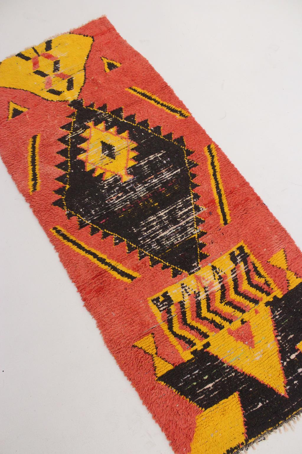Vintage Moroccan Boucherouite rug- Orange/black/yellow - 3.6x8.8feet / 110x268cm For Sale 5