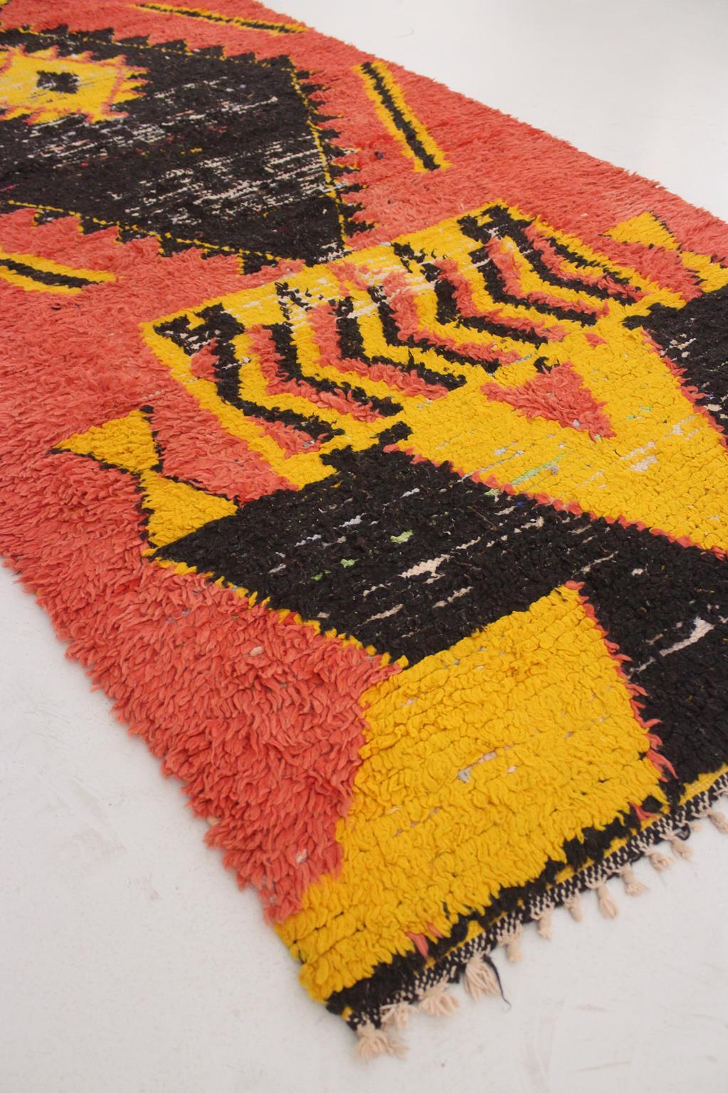 Vintage Moroccan Boucherouite rug- Orange/black/yellow - 3.6x8.8feet / 110x268cm For Sale 7