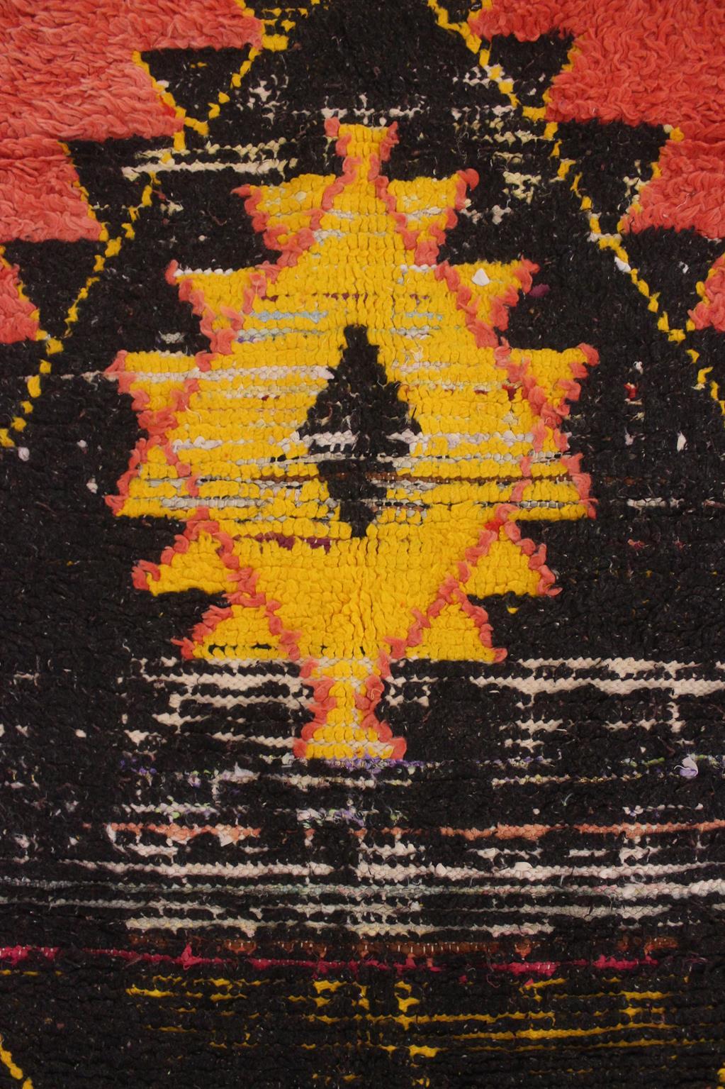 Vintage Moroccan Boucherouite rug- Orange/black/yellow - 3.6x8.8feet / 110x268cm For Sale 8