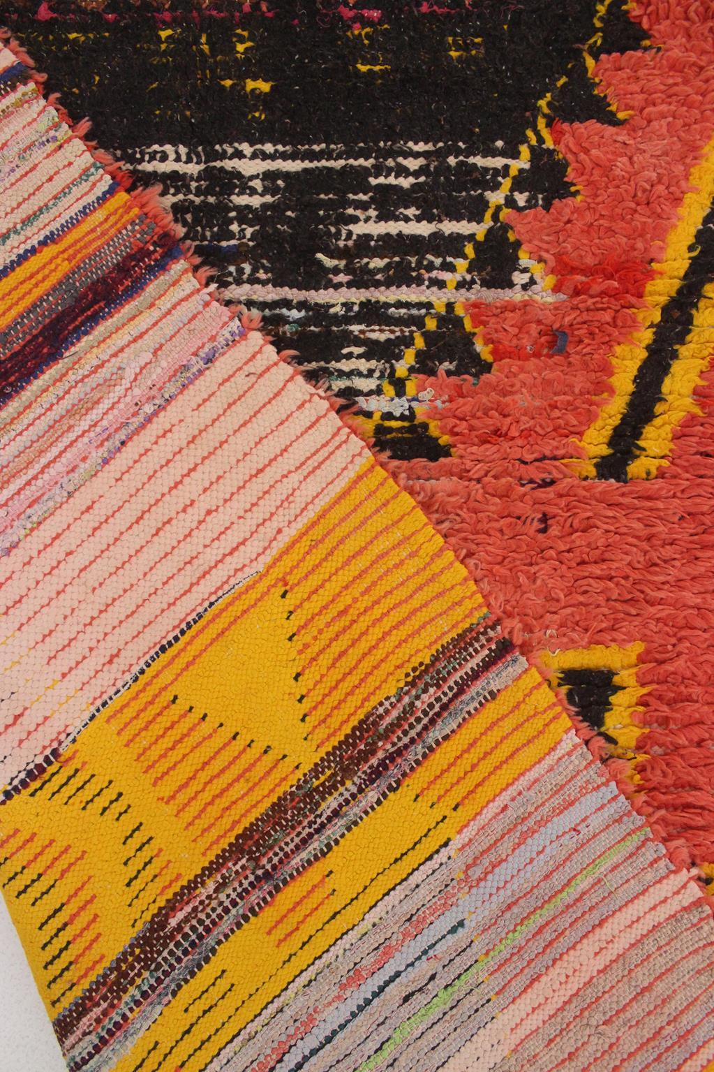 Vintage Moroccan Boucherouite rug- Orange/black/yellow - 3.6x8.8feet / 110x268cm For Sale 9