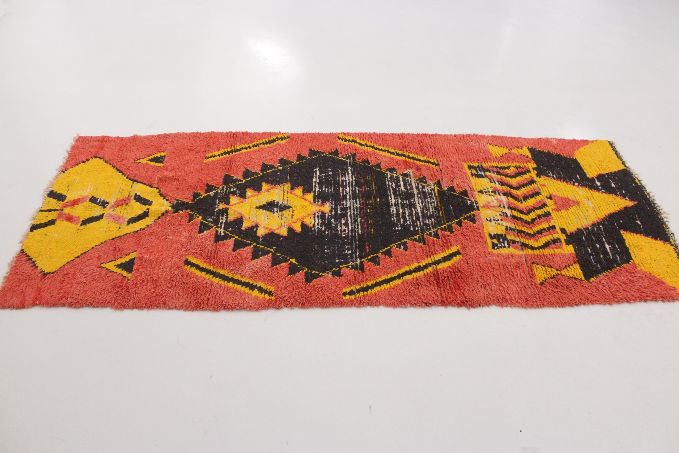 Tribal Vintage Moroccan Boucherouite rug- Orange/black/yellow - 3.6x8.8feet / 110x268cm For Sale