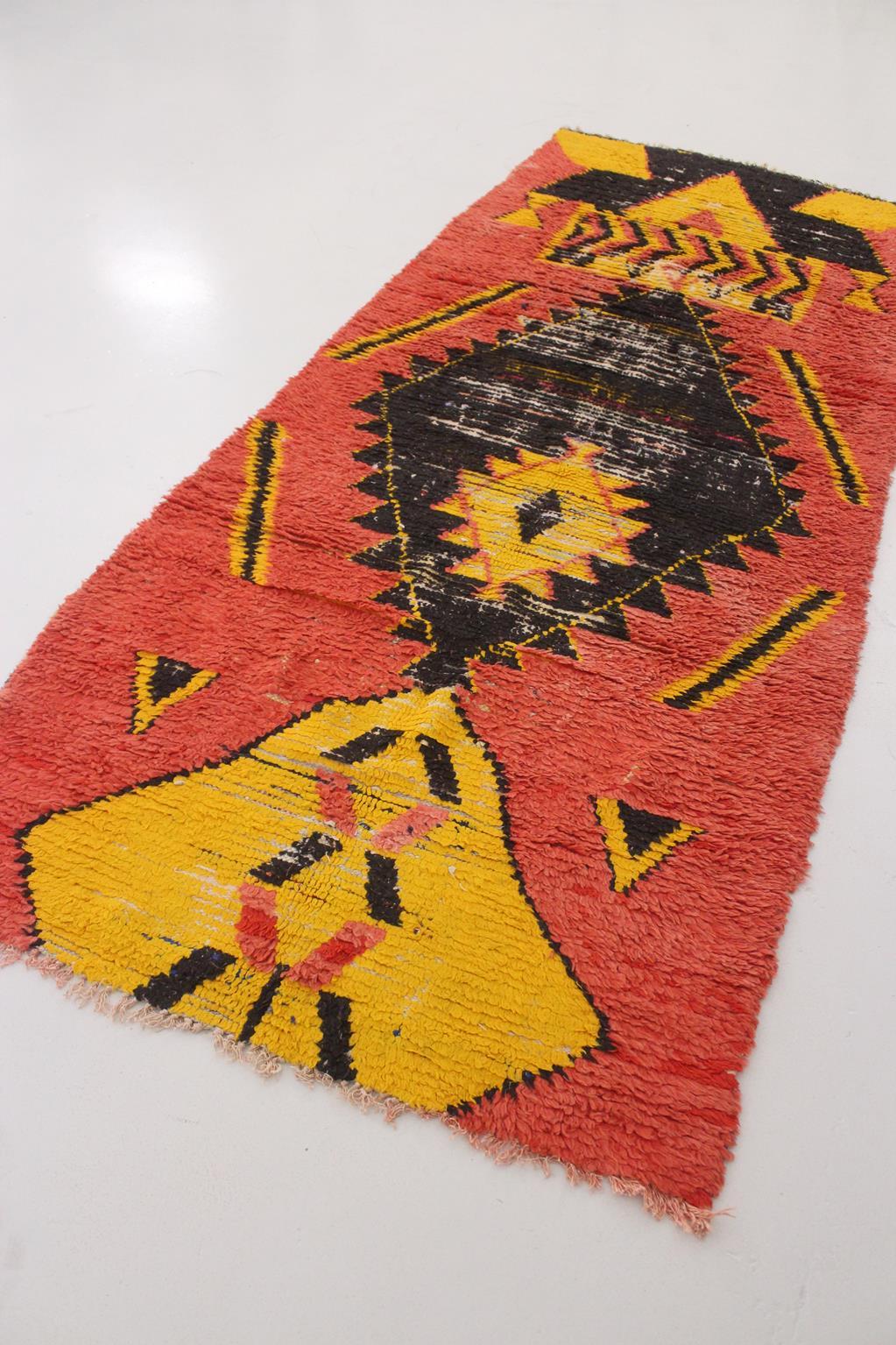 20th Century Vintage Moroccan Boucherouite rug- Orange/black/yellow - 3.6x8.8feet / 110x268cm For Sale