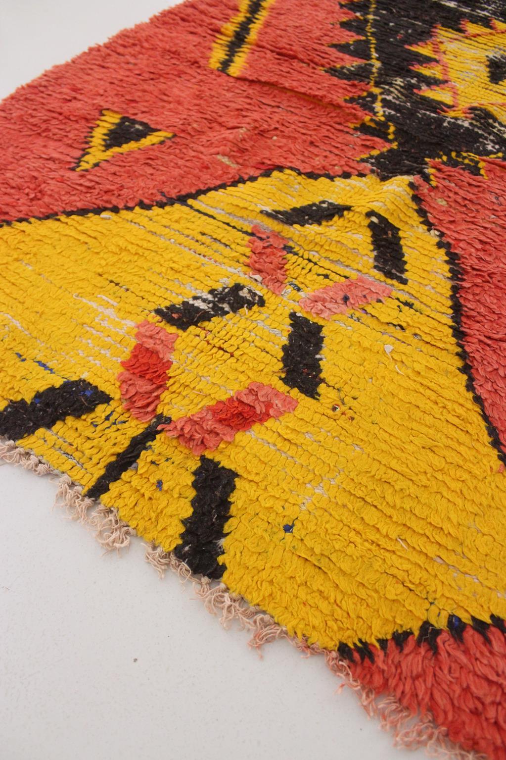 Wool Vintage Moroccan Boucherouite rug- Orange/black/yellow - 3.6x8.8feet / 110x268cm For Sale
