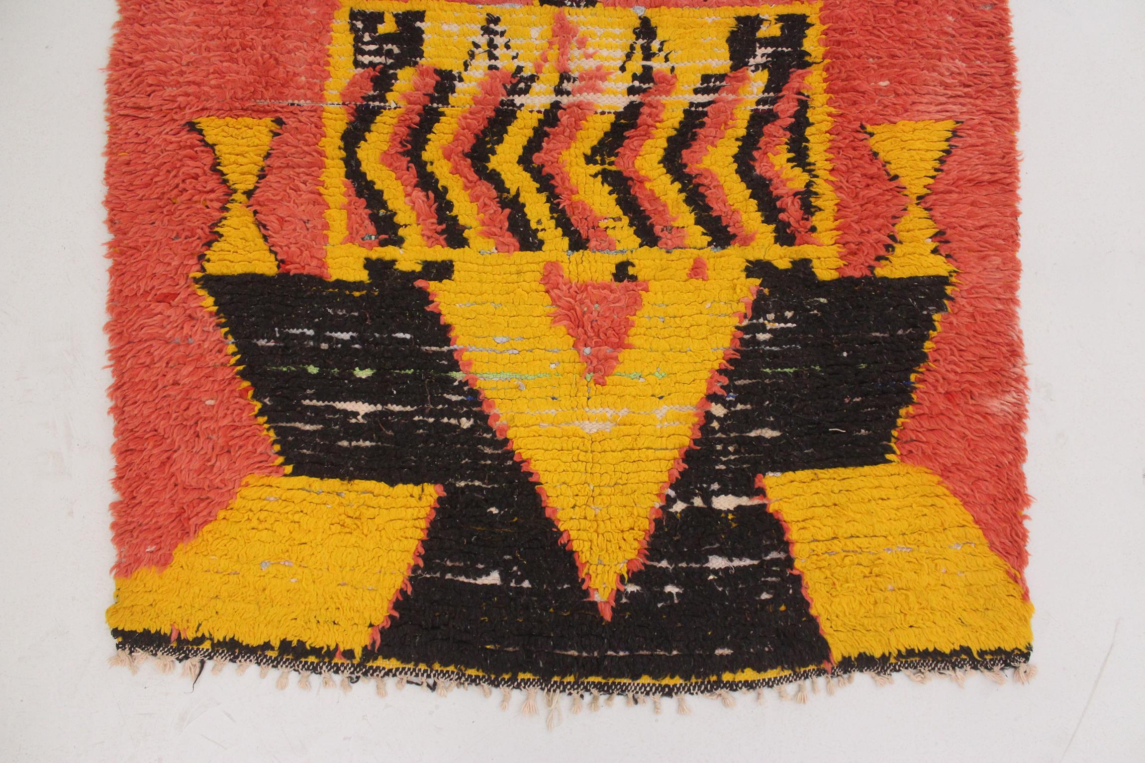 Vintage Moroccan Boucherouite rug- Orange/black/yellow - 3.6x8.8feet / 110x268cm For Sale 1