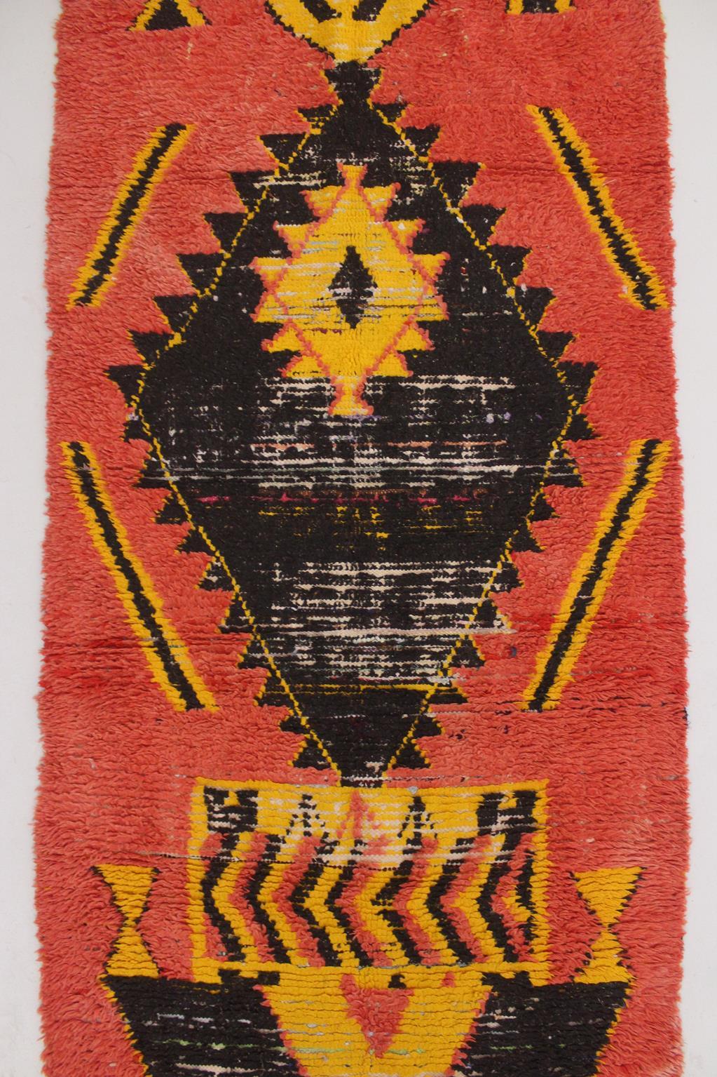 Vintage Moroccan Boucherouite rug- Orange/black/yellow - 3.6x8.8feet / 110x268cm For Sale 2