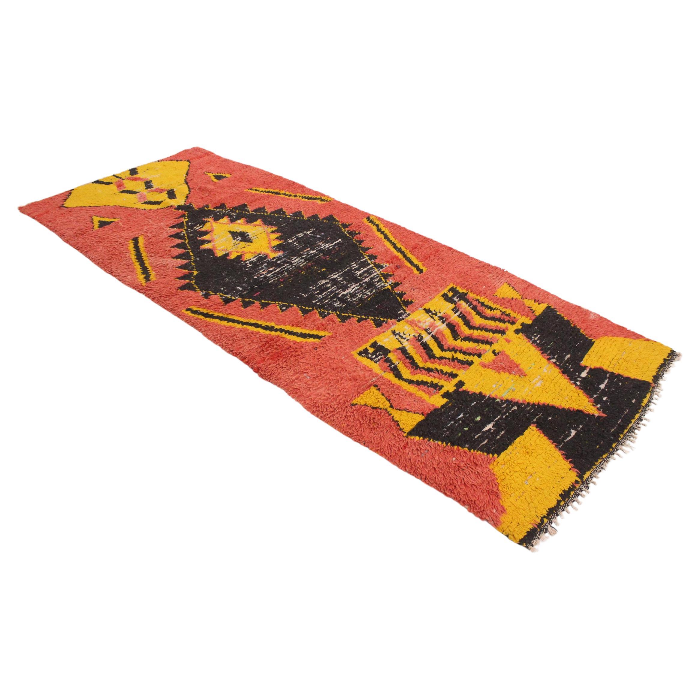Vintage Moroccan Boucherouite rug- Orange/black/yellow - 3.6x8.8feet / 110x268cm For Sale