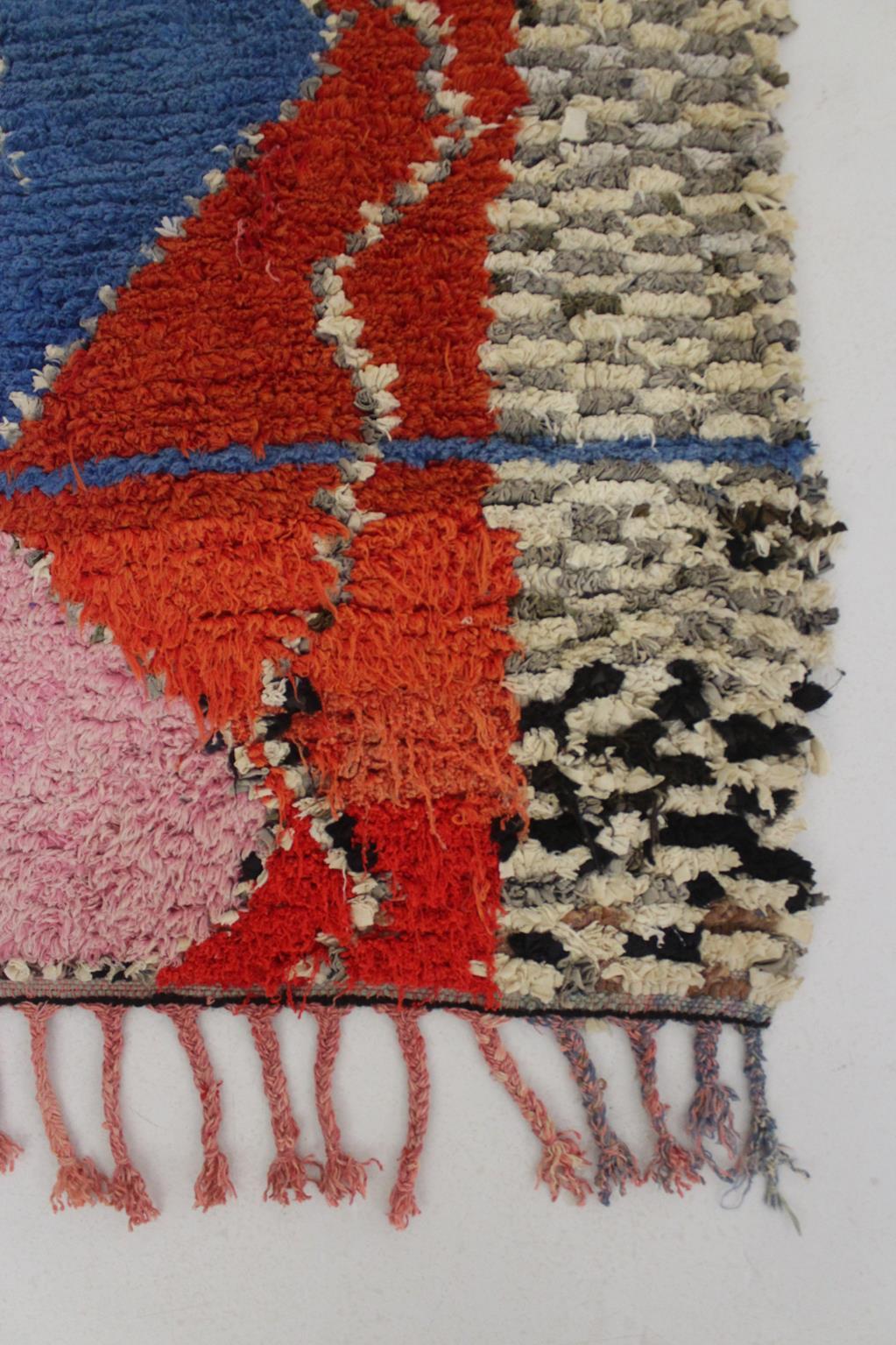 Vintage Moroccan Boucherouite rug- Pink/blue - 3.4x7.4feet / 105x227cm For Sale 3