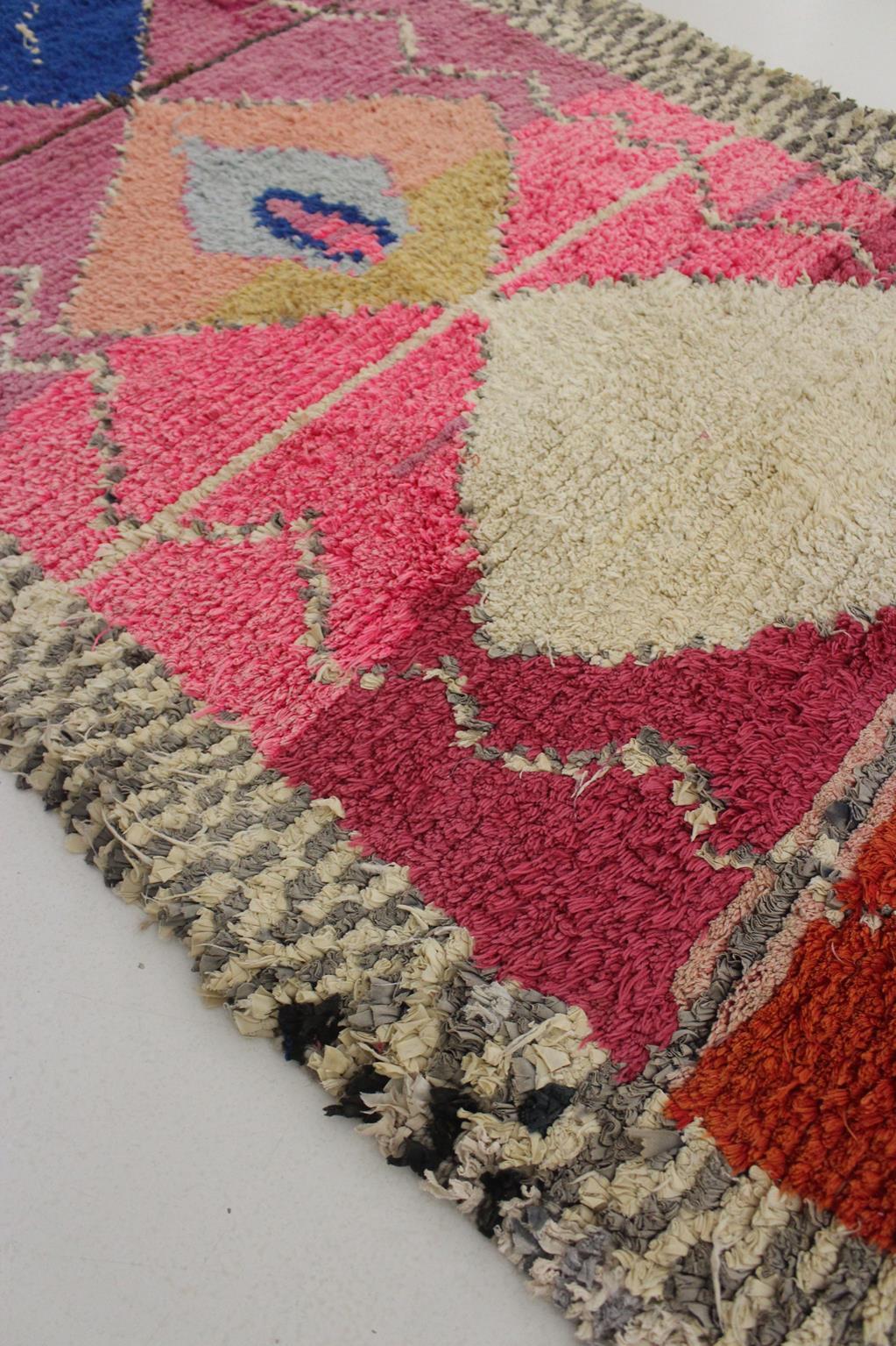 Vintage Moroccan Boucherouite rug- Pink/blue - 3.4x7.4feet / 105x227cm For Sale 4