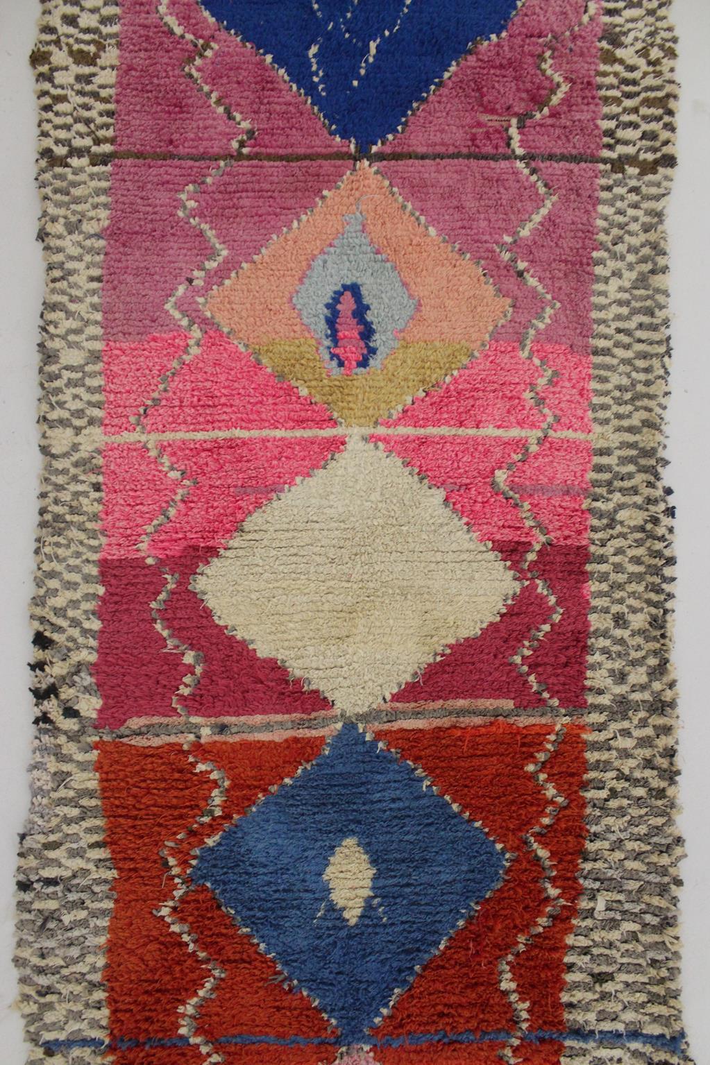 Vintage Moroccan Boucherouite rug- Pink/blue - 3.4x7.4feet / 105x227cm For Sale 5