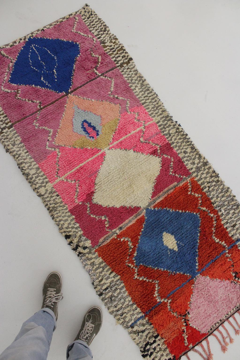Vintage Moroccan Boucherouite rug- Pink/blue - 3.4x7.4feet / 105x227cm For Sale 6