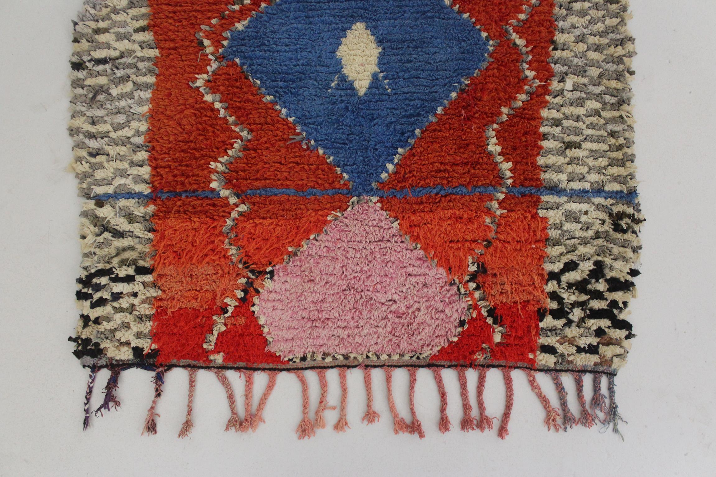 Tribal Vintage Moroccan Boucherouite rug- Pink/blue - 3.4x7.4feet / 105x227cm For Sale