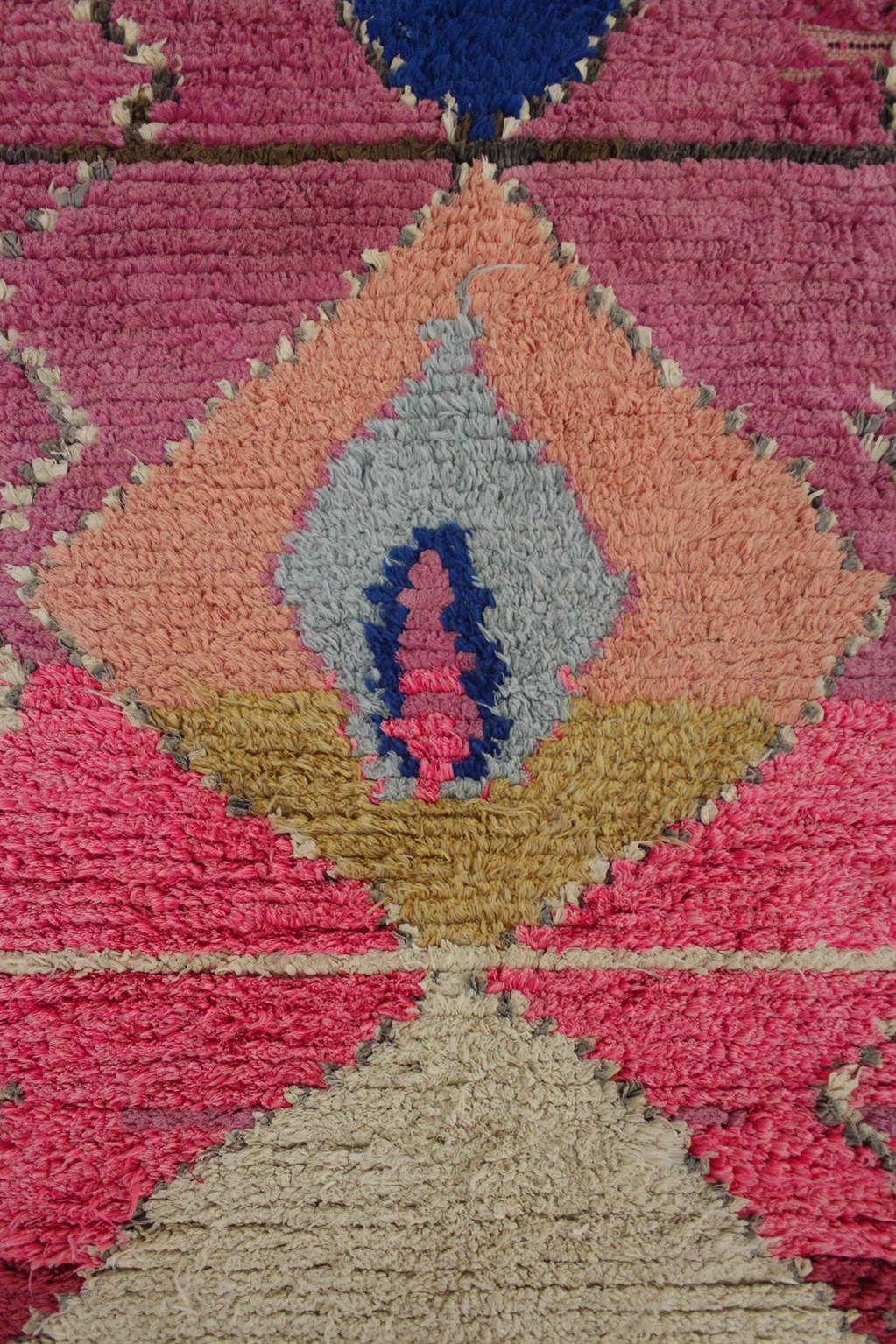 Hand-Woven Vintage Moroccan Boucherouite rug- Pink/blue - 3.4x7.4feet / 105x227cm For Sale