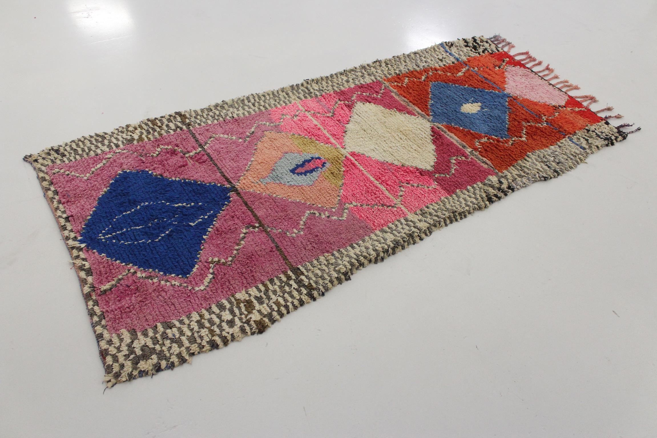 20th Century Vintage Moroccan Boucherouite rug- Pink/blue - 3.4x7.4feet / 105x227cm For Sale