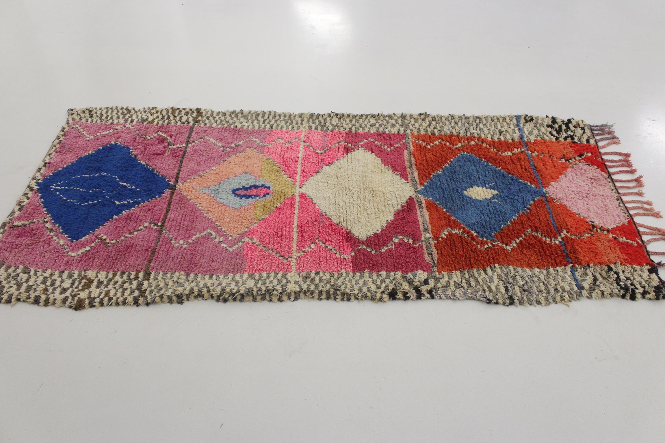 Wool Vintage Moroccan Boucherouite rug- Pink/blue - 3.4x7.4feet / 105x227cm For Sale