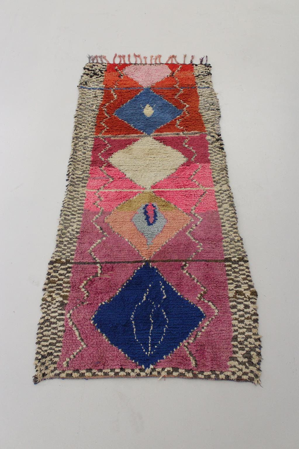 Vintage Moroccan Boucherouite rug- Pink/blue - 3.4x7.4feet / 105x227cm For Sale 1