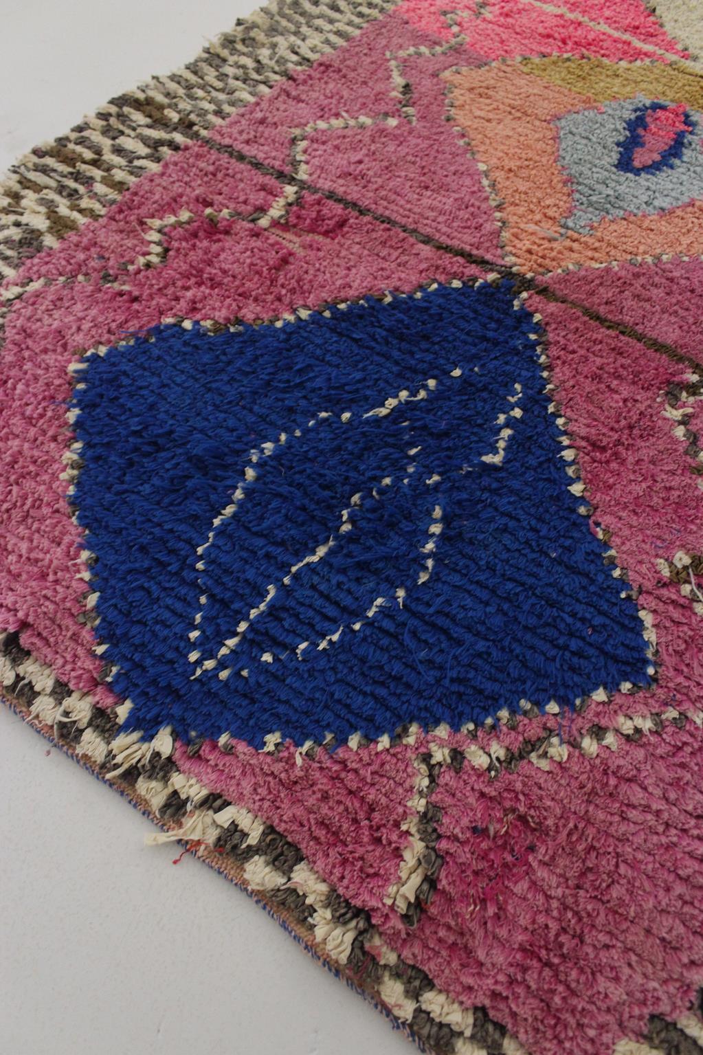 Vintage Moroccan Boucherouite rug- Pink/blue - 3.4x7.4feet / 105x227cm For Sale 2