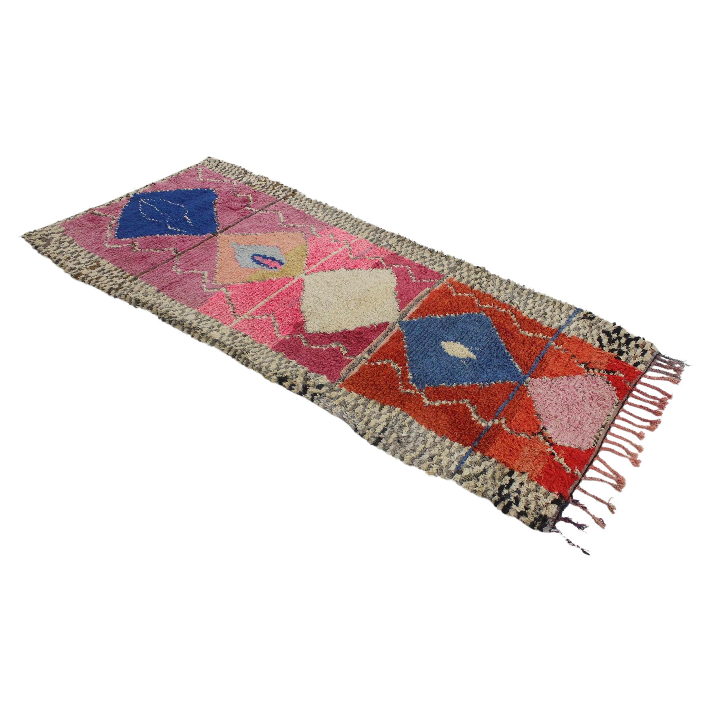 Marokkanischer Boucherouit-Teppich im Vintage-Stil- Rosa/Blau - 3.4x7.4feet / 105x227cm