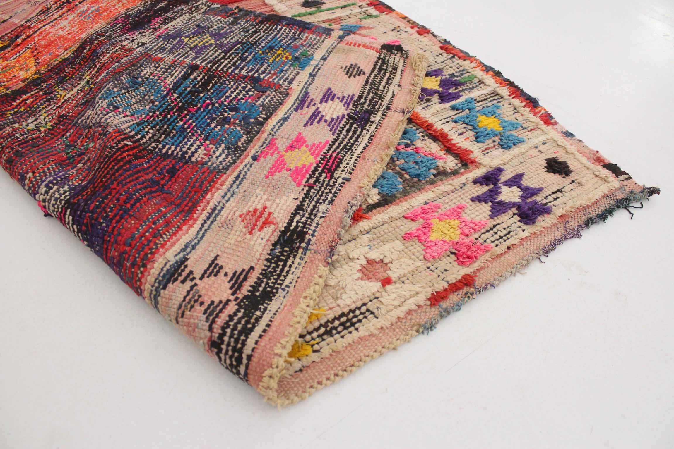 Vintage Moroccan Boucherouite rug- Red/rainbow - 4-4.6x8.5feet / 123-140x260cm For Sale 6