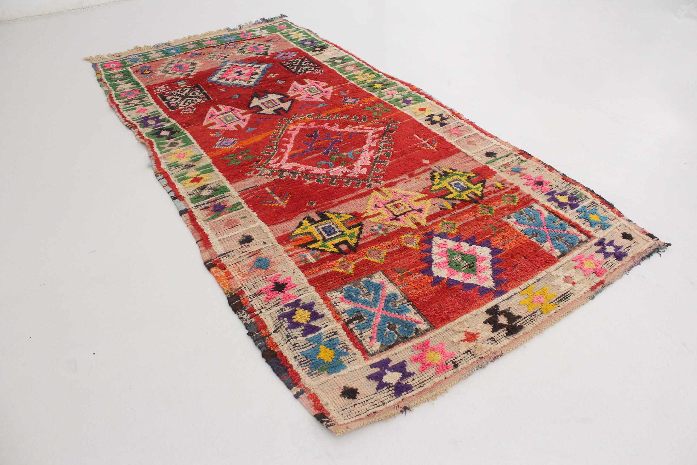 Vintage Moroccan Boucherouite rug- Red/rainbow - 4-4.6x8.5feet / 123-140x260cm For Sale 7