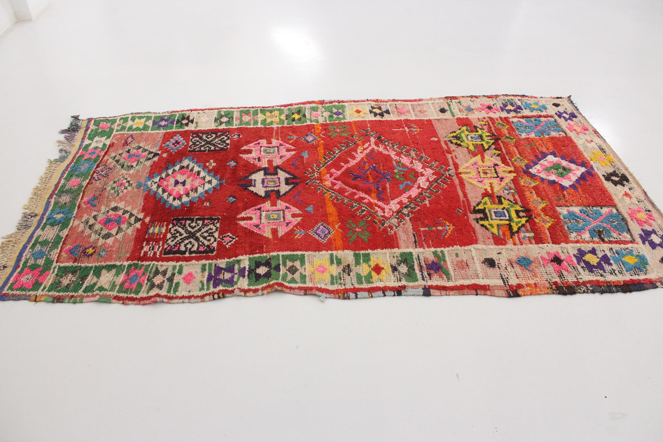 Tribal Vintage Moroccan Boucherouite rug- Red/rainbow - 4-4.6x8.5feet / 123-140x260cm For Sale