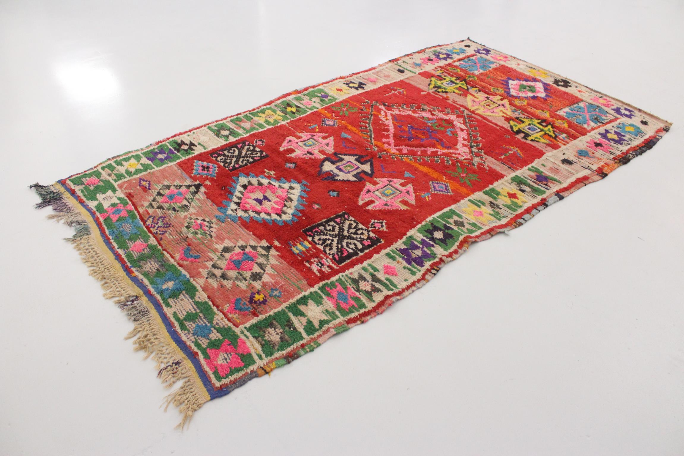 Hand-Woven Vintage Moroccan Boucherouite rug- Red/rainbow - 4-4.6x8.5feet / 123-140x260cm For Sale