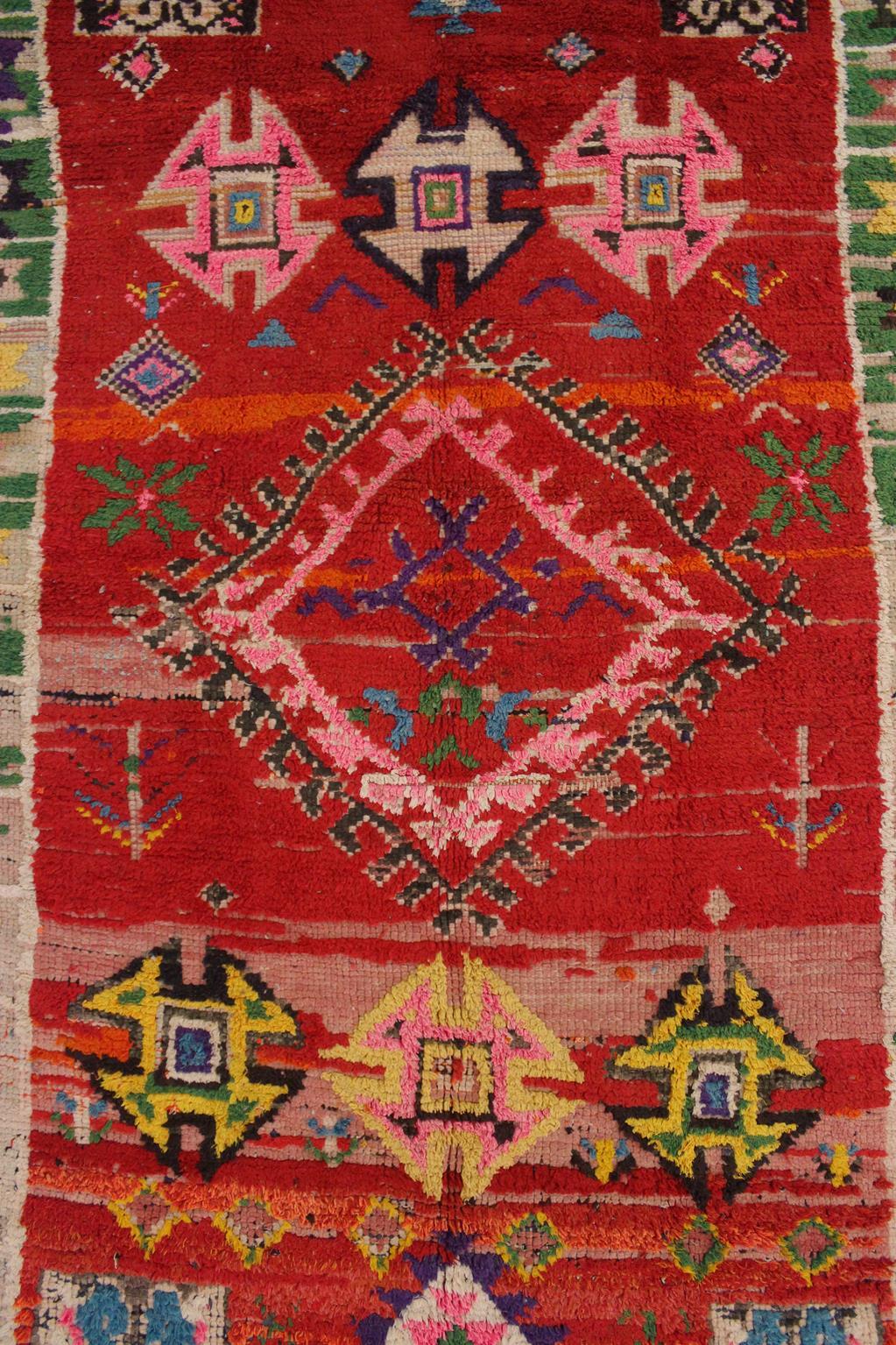 Wool Vintage Moroccan Boucherouite rug- Red/rainbow - 4-4.6x8.5feet / 123-140x260cm For Sale