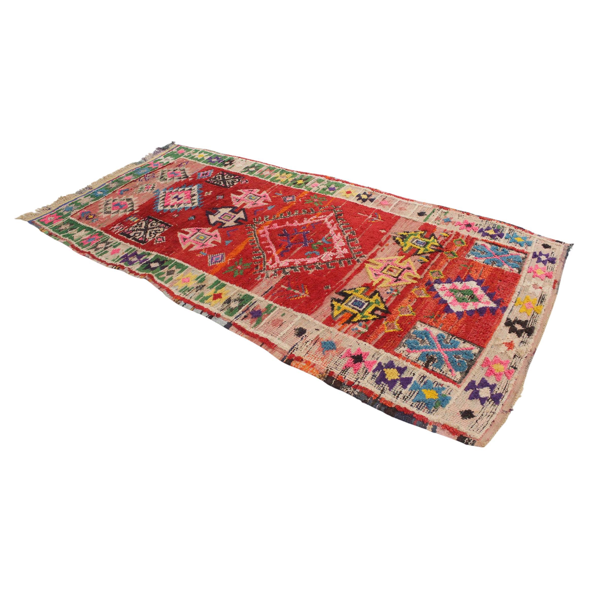 Vintage Moroccan Boucherouite rug- Red/rainbow - 4-4.6x8.5feet / 123-140x260cm For Sale