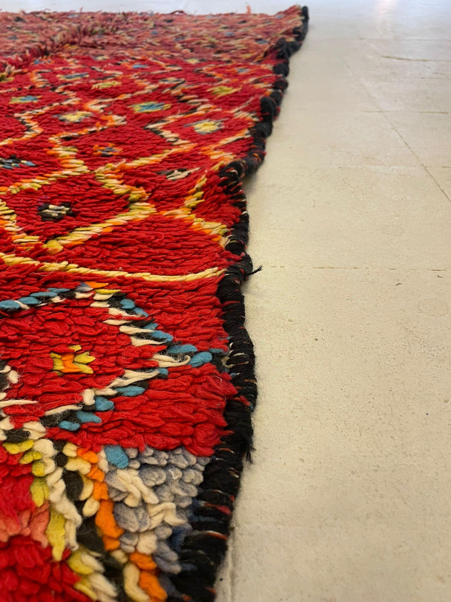 Vegetable Dyed Vintage Moroccan Boucherouite Rug with Vibrant Diamond Motifs, Circa 1970s For Sale