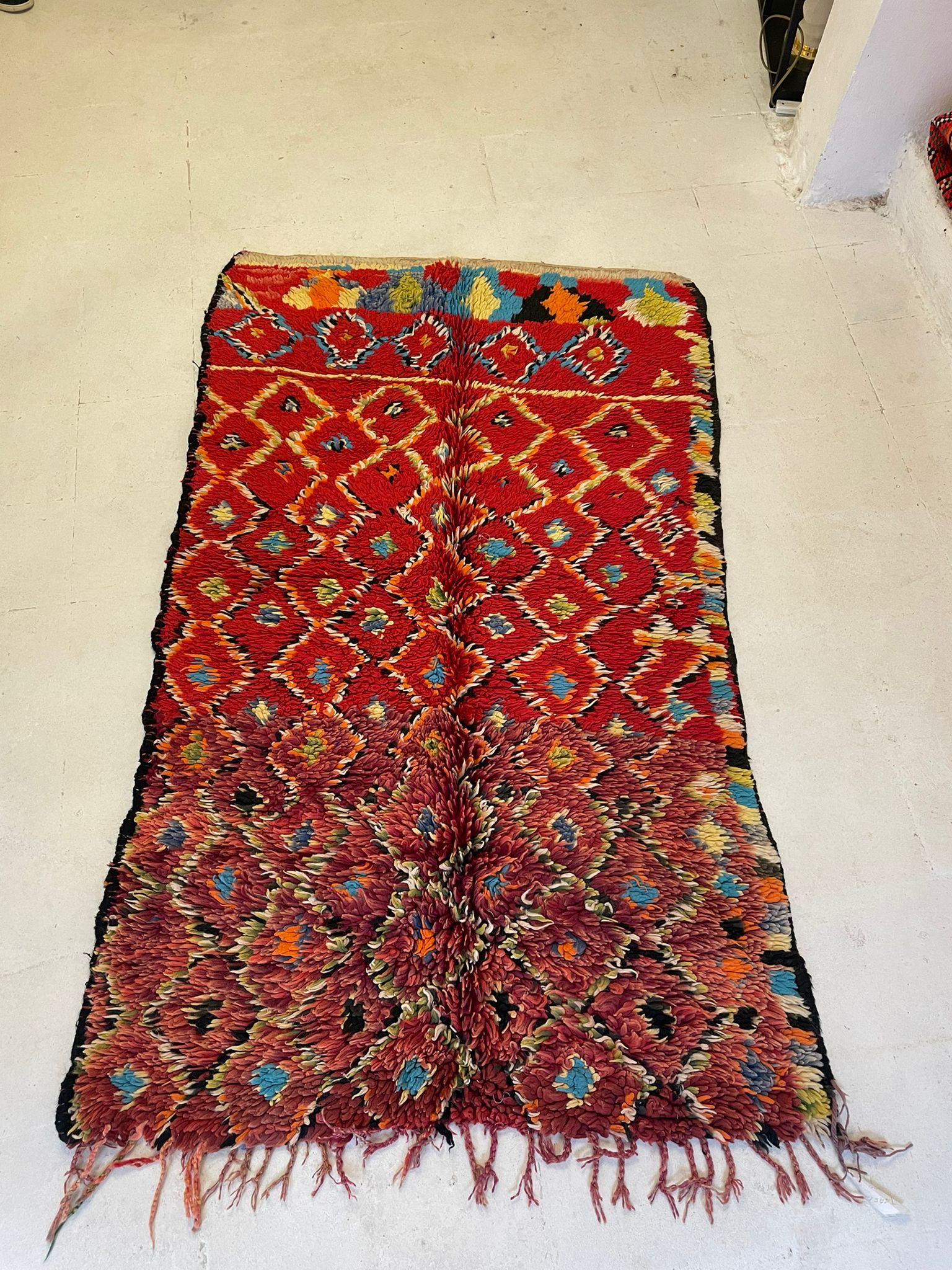 Vintage Moroccan Boucherouite Rug with Vibrant Diamond Motifs, Circa 1970s For Sale 1