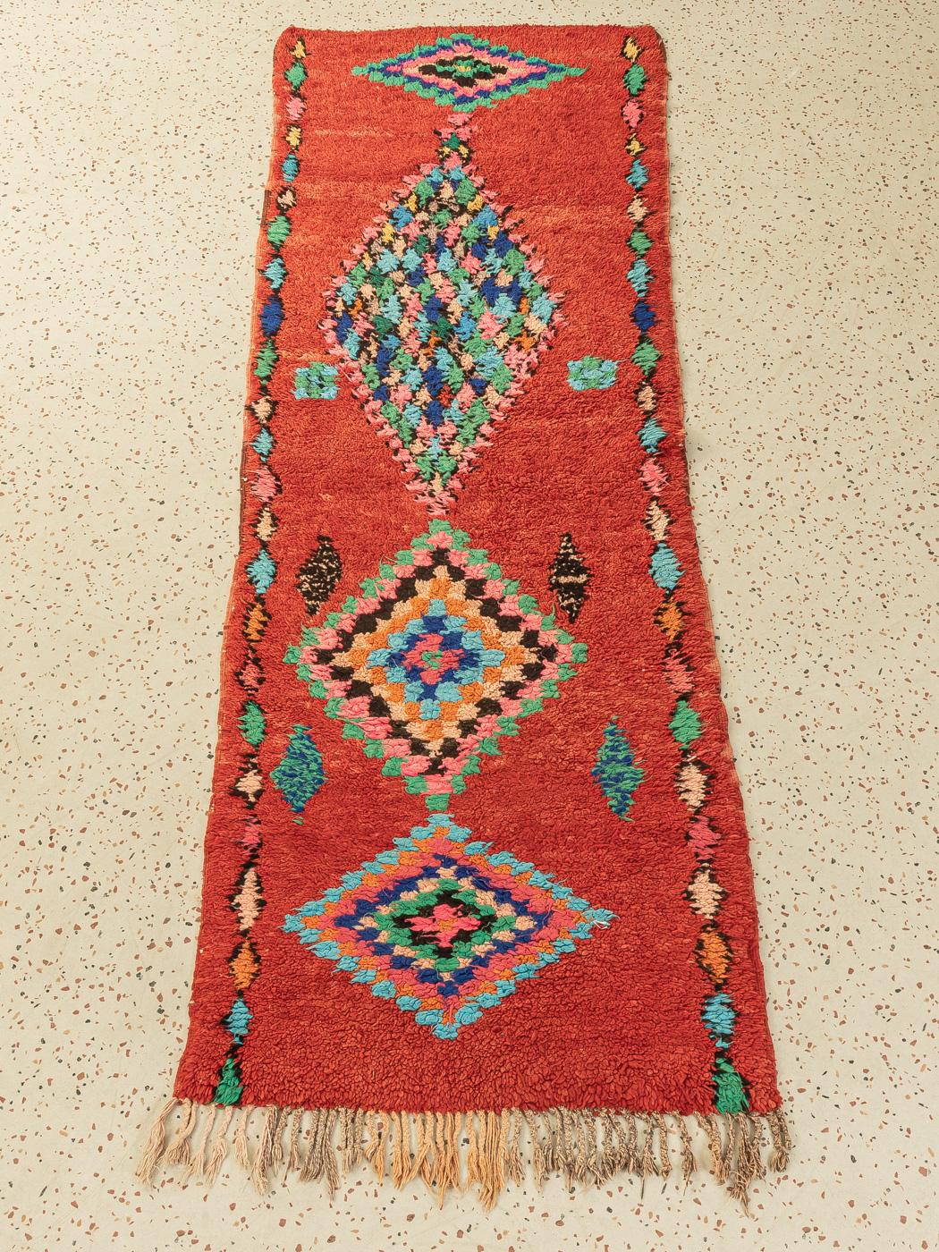 Hand-Woven Vintage Moroccan Boujad Berber Rug Middle Agtlas Mountains Red Blue Green For Sale