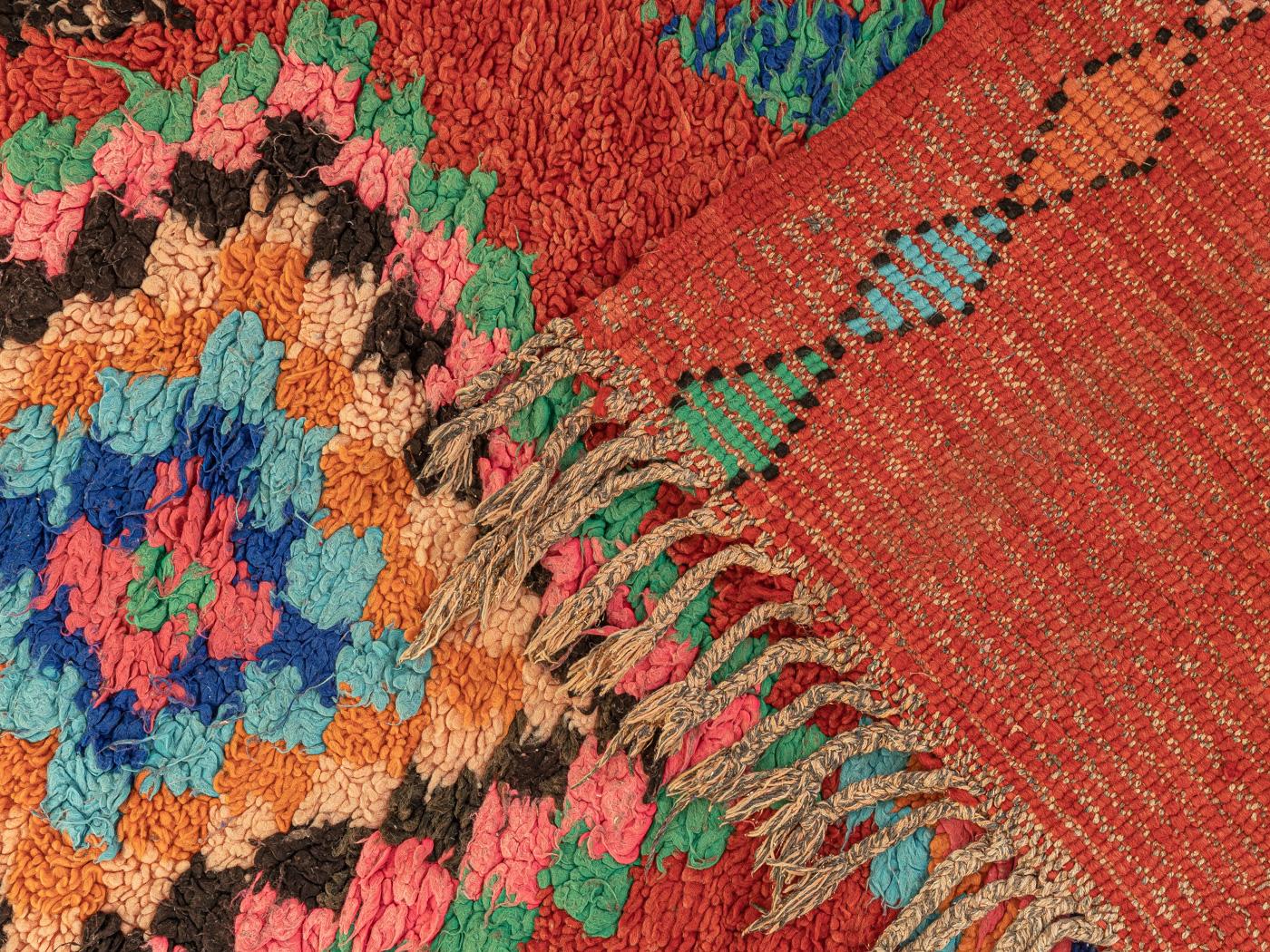 Wool Vintage Moroccan Boujad Berber Rug Middle Agtlas Mountains Red Blue Green For Sale