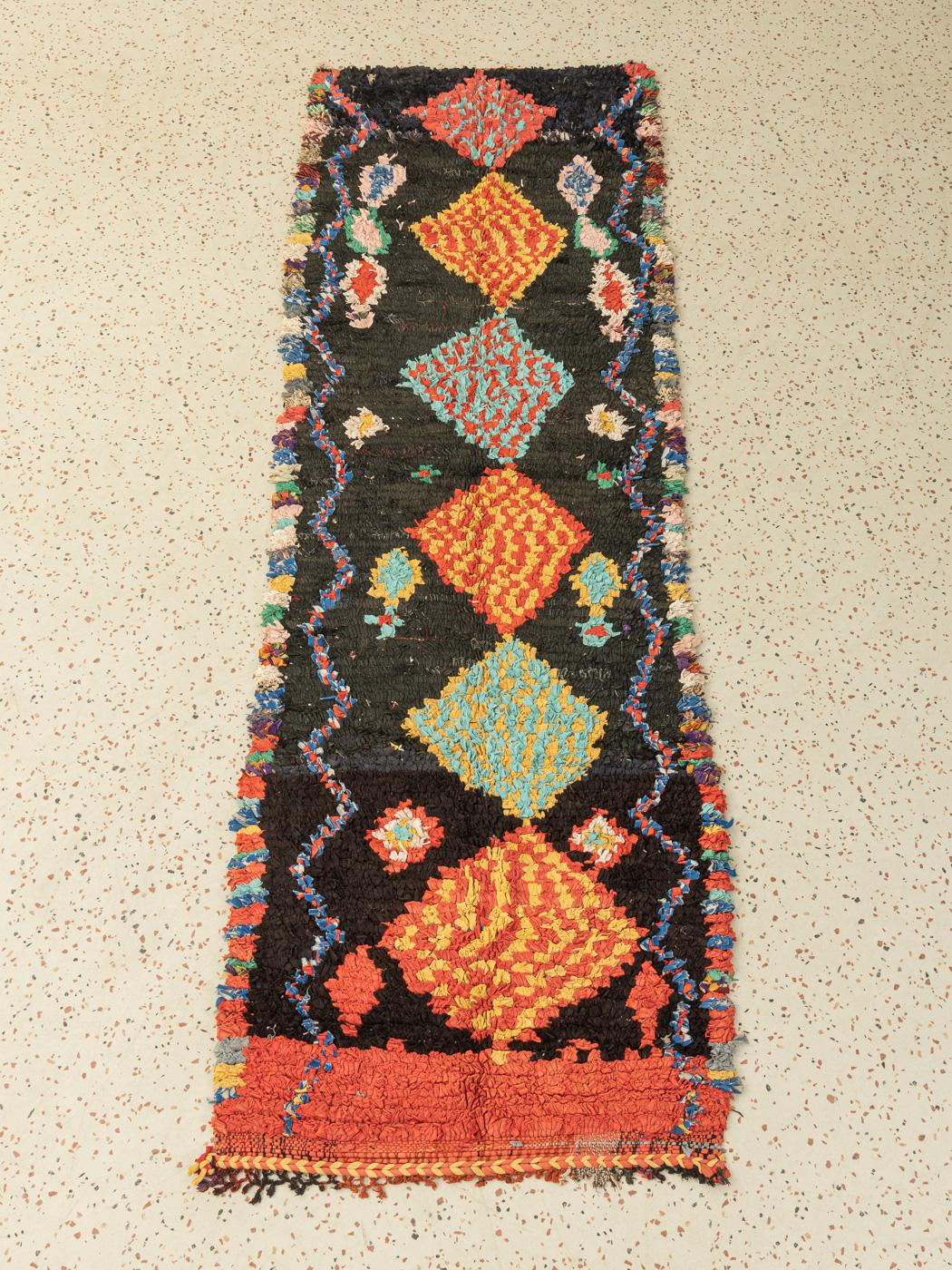 Hand-Woven Vintage Moroccan Boujad Berber Rug Middle Atlas Mountains Black Red Orange For Sale