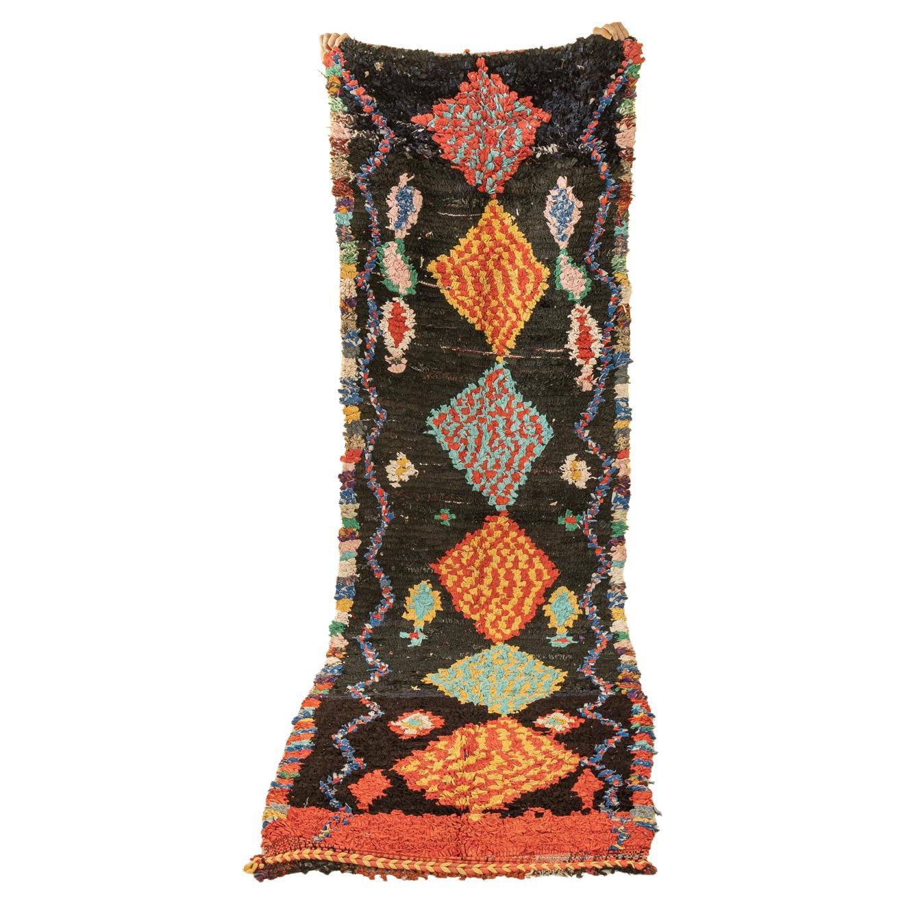 Vintage Moroccan Boujad Berber Rug Middle Atlas Mountains Black Red Orange For Sale