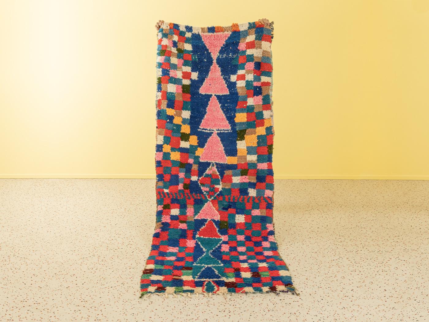 This Boujad is a vintage wool rug with some recycled textile parts – soft and comfortable underfoot. Our Berber rugs are handmade, one knot at a time. Each of our Berber rugs is a long-lasting one-of-a-kind piece, created in a sustainable manner