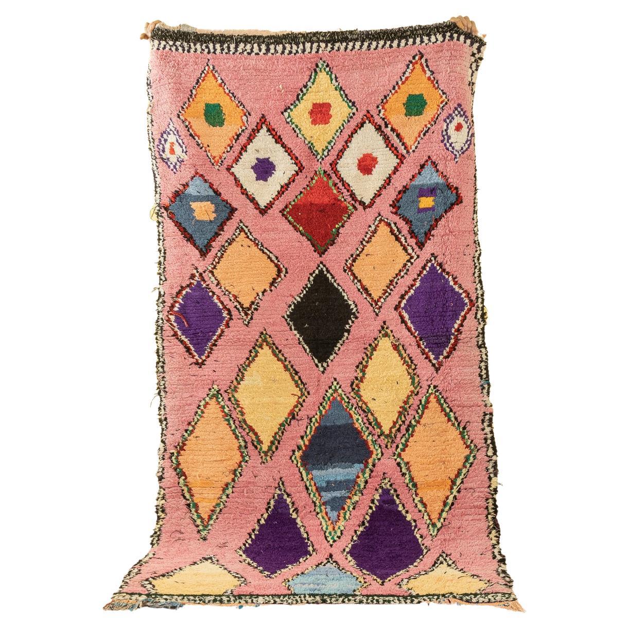 Vintage Moroccan Boujad Berber Rug Middle Atlas Mountains Pink Blue Yellow For Sale